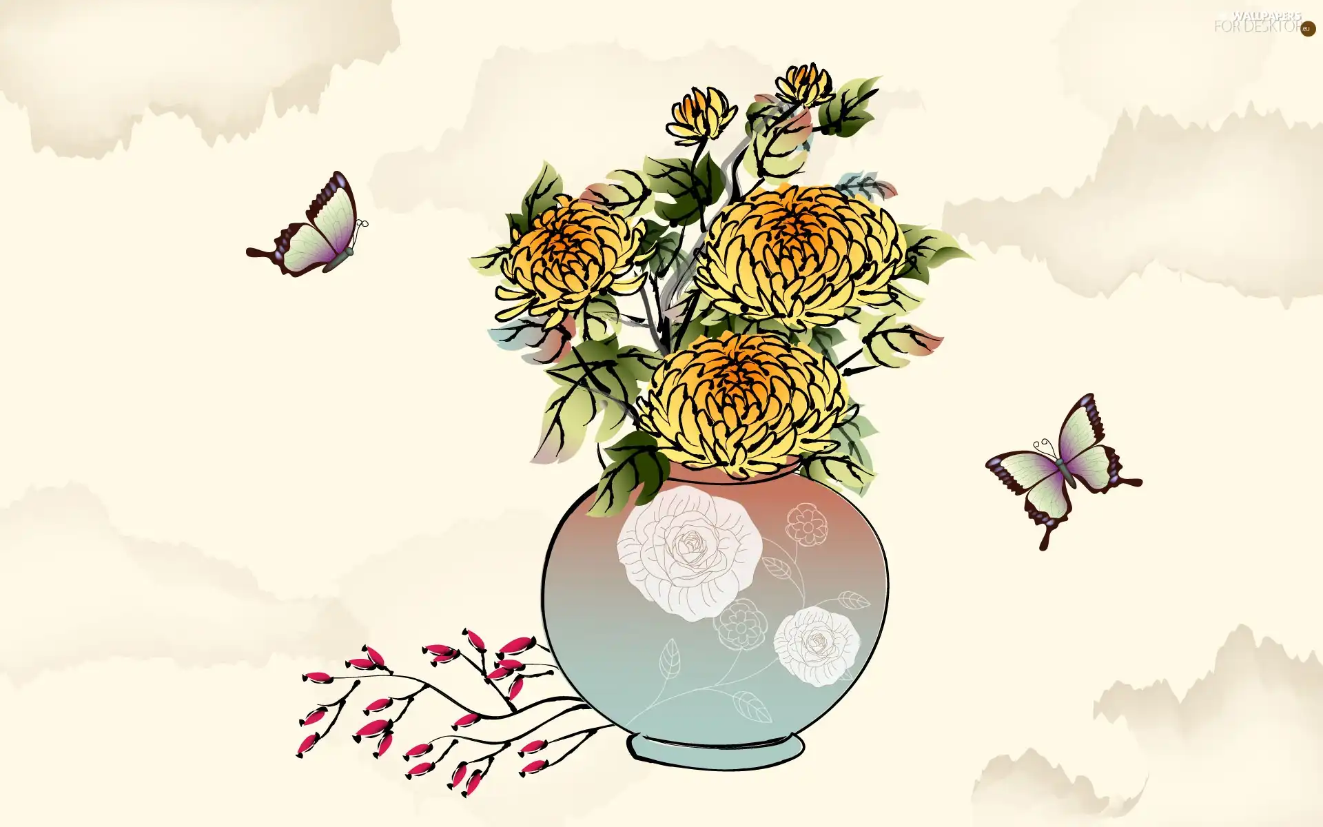 butterflies, Flowers, Vase