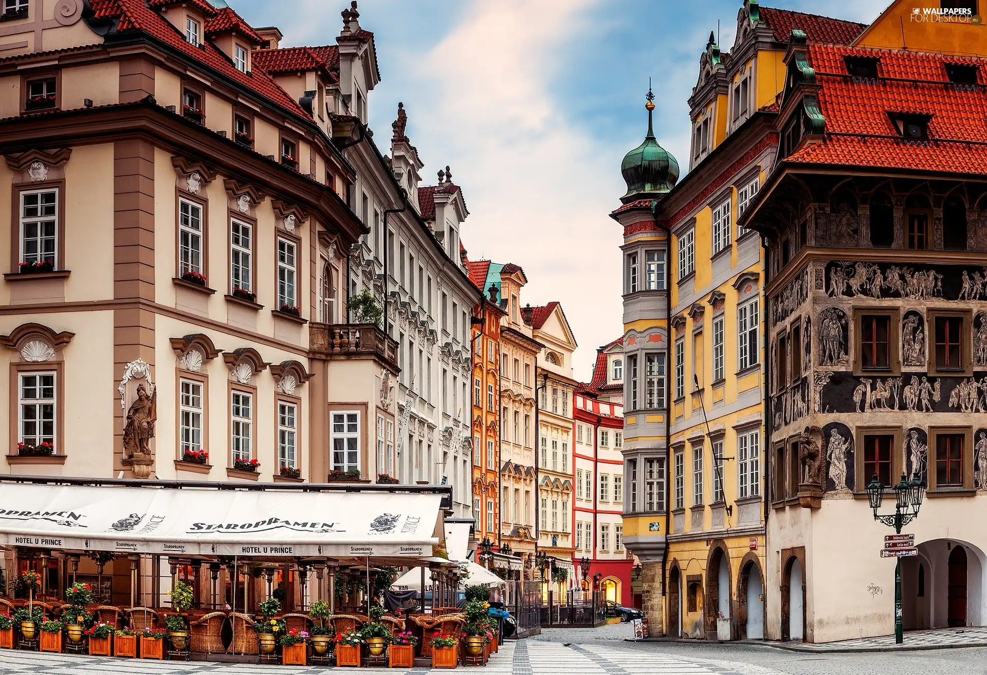 Prague, Czech Republic, alley, cafe, apartment house
