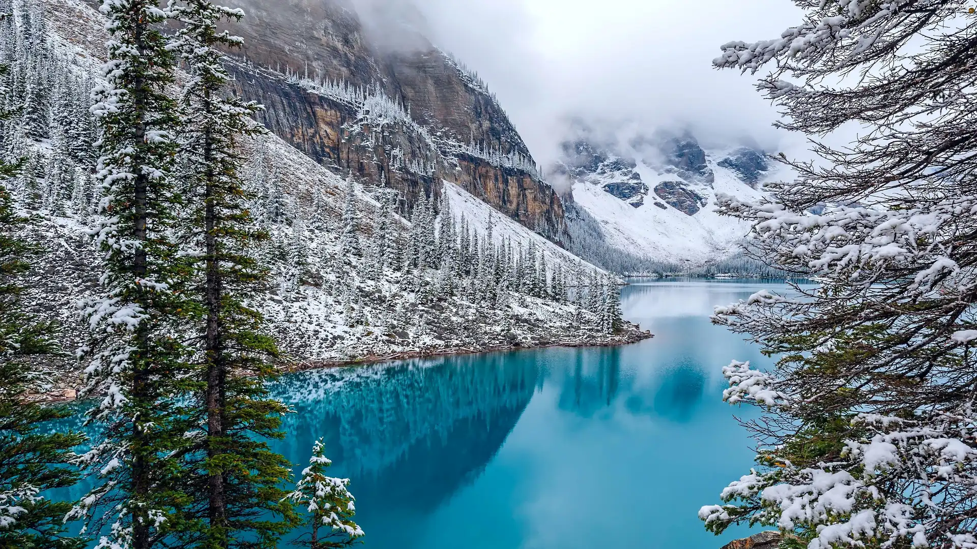 Lake, Canada, Mountains, Fog, forest, Moraine, lake, winter