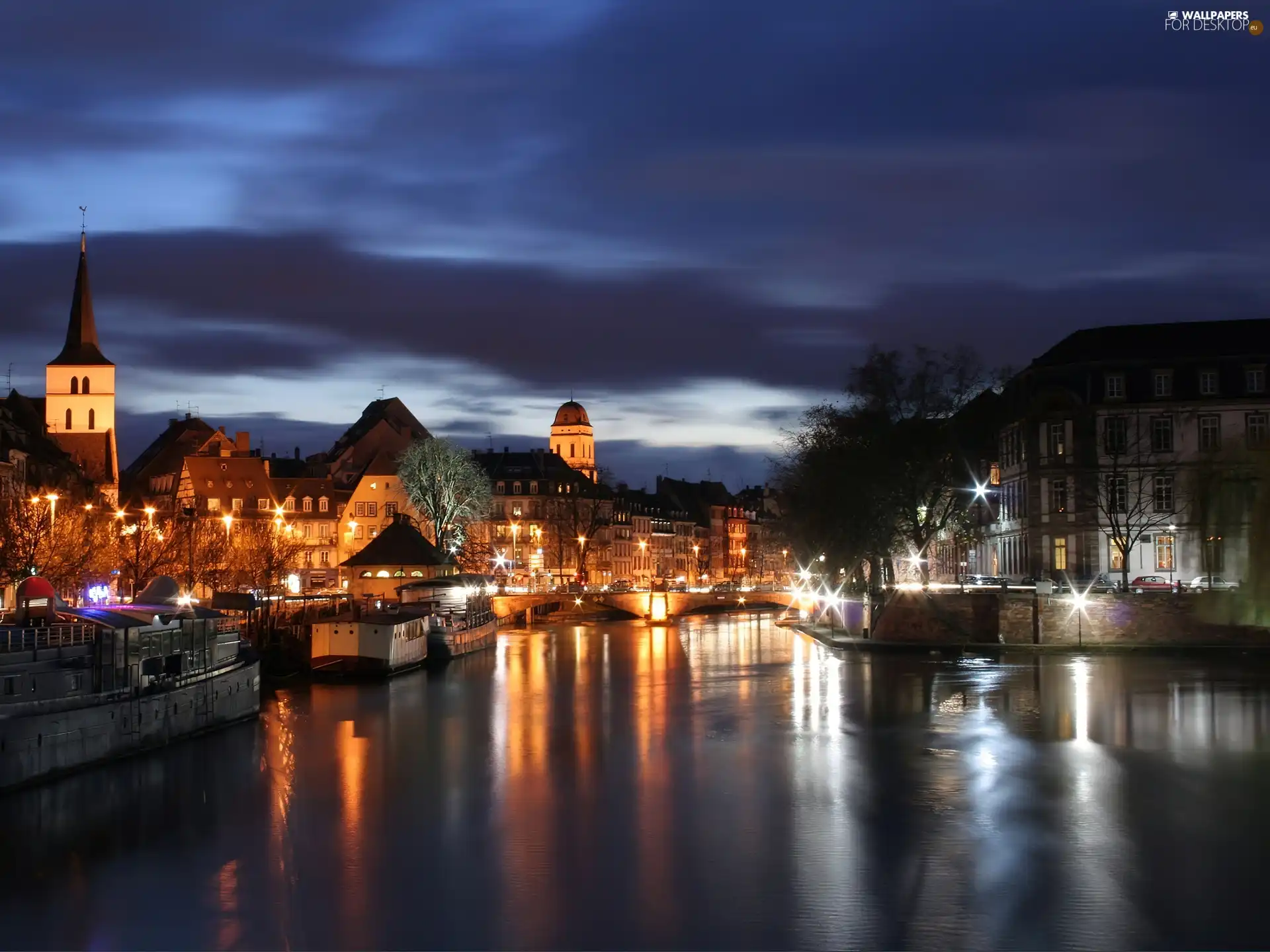 canal, Town, Night