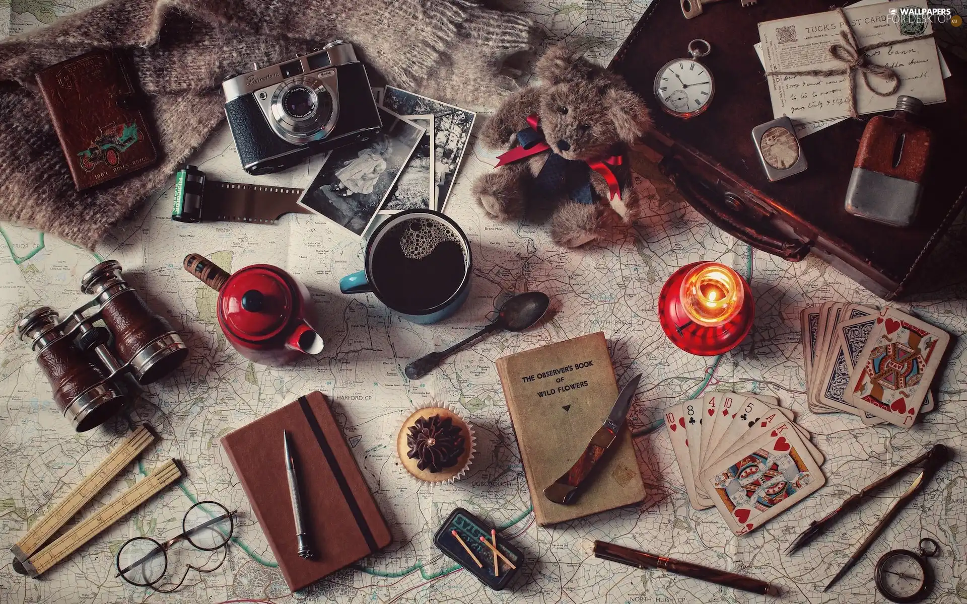 note-book, composition, candle, Camera, list, Glasses, teddy bear, binoculars, coffee, Cards, jug