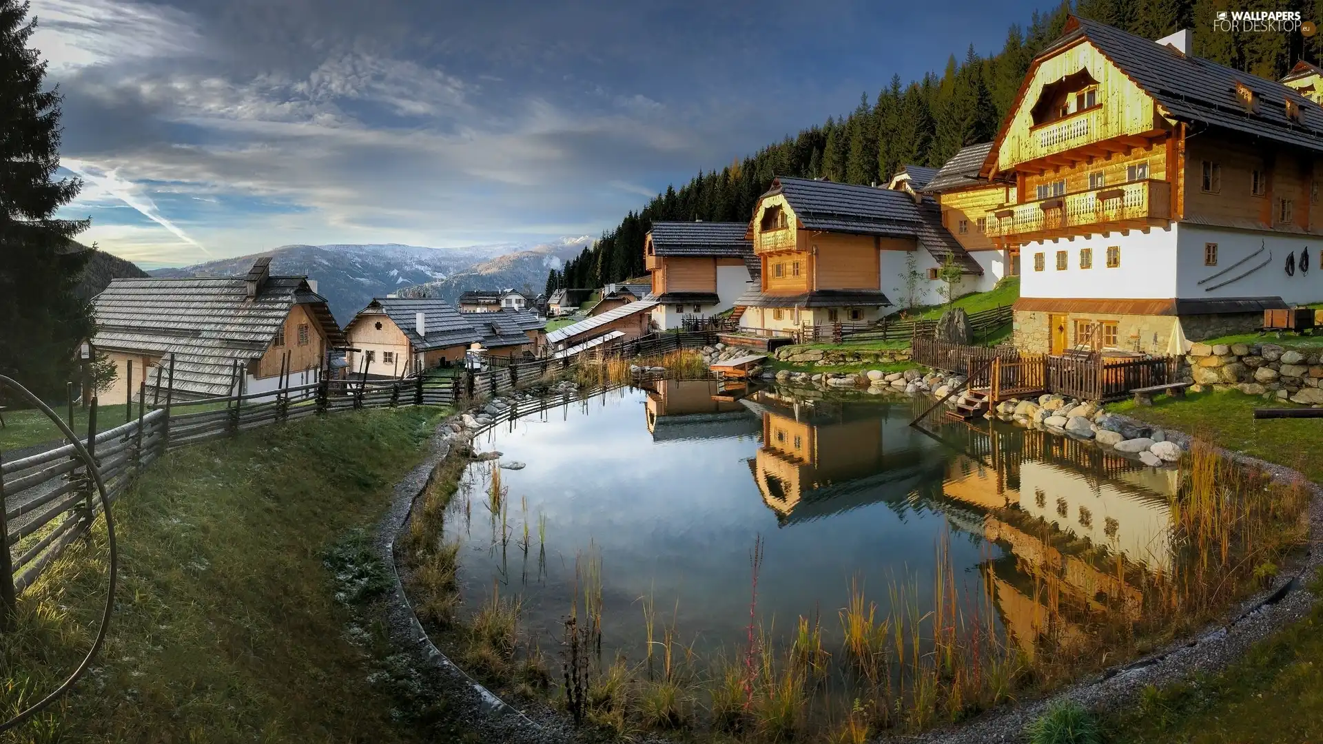 Mountains, Houses, Pond - car