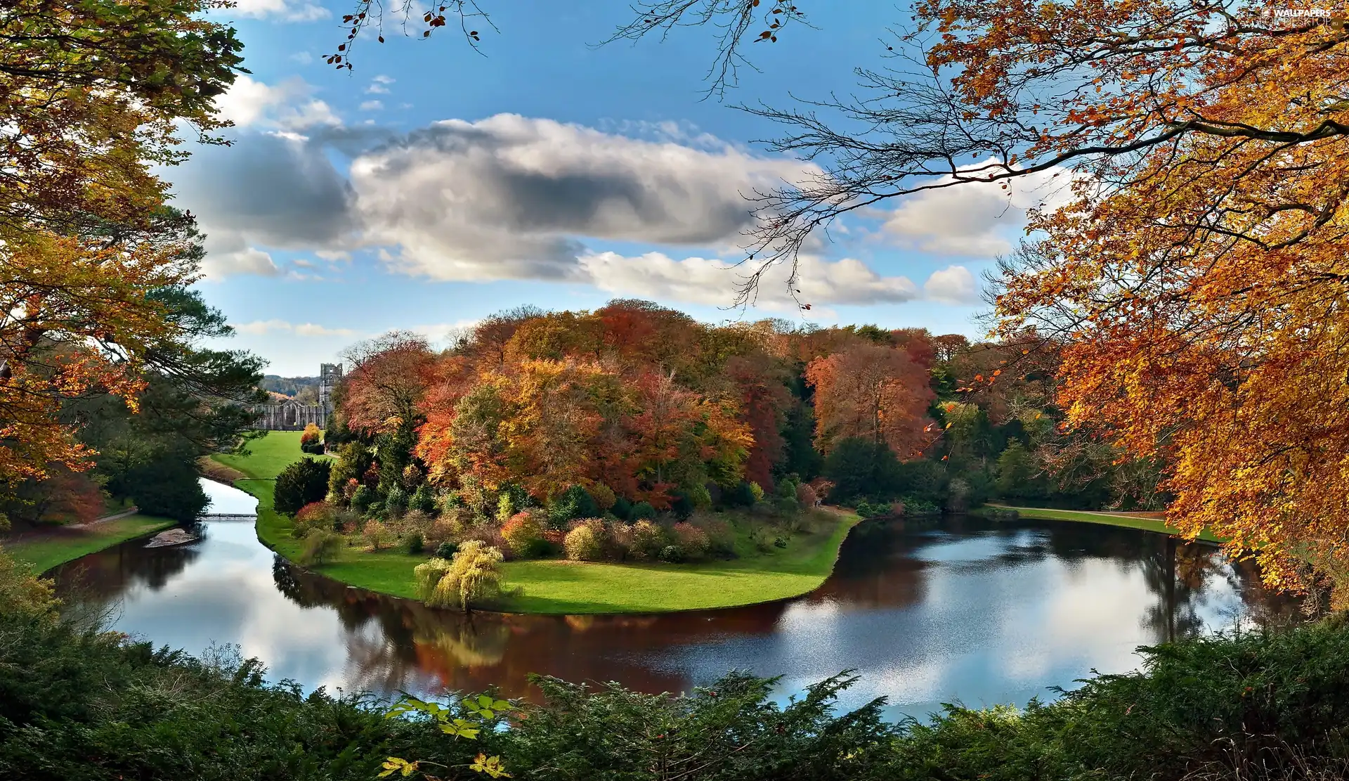 Park, lake, Castle, clouds, luminosity, shadow, sun, flash, ligh