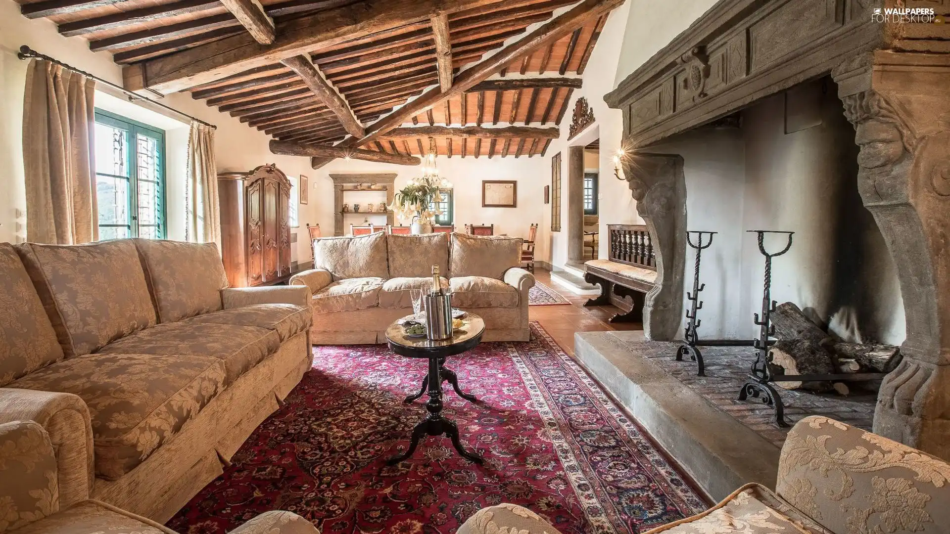 Sofas, interior, wooden, ceiling, burner chimney, Room