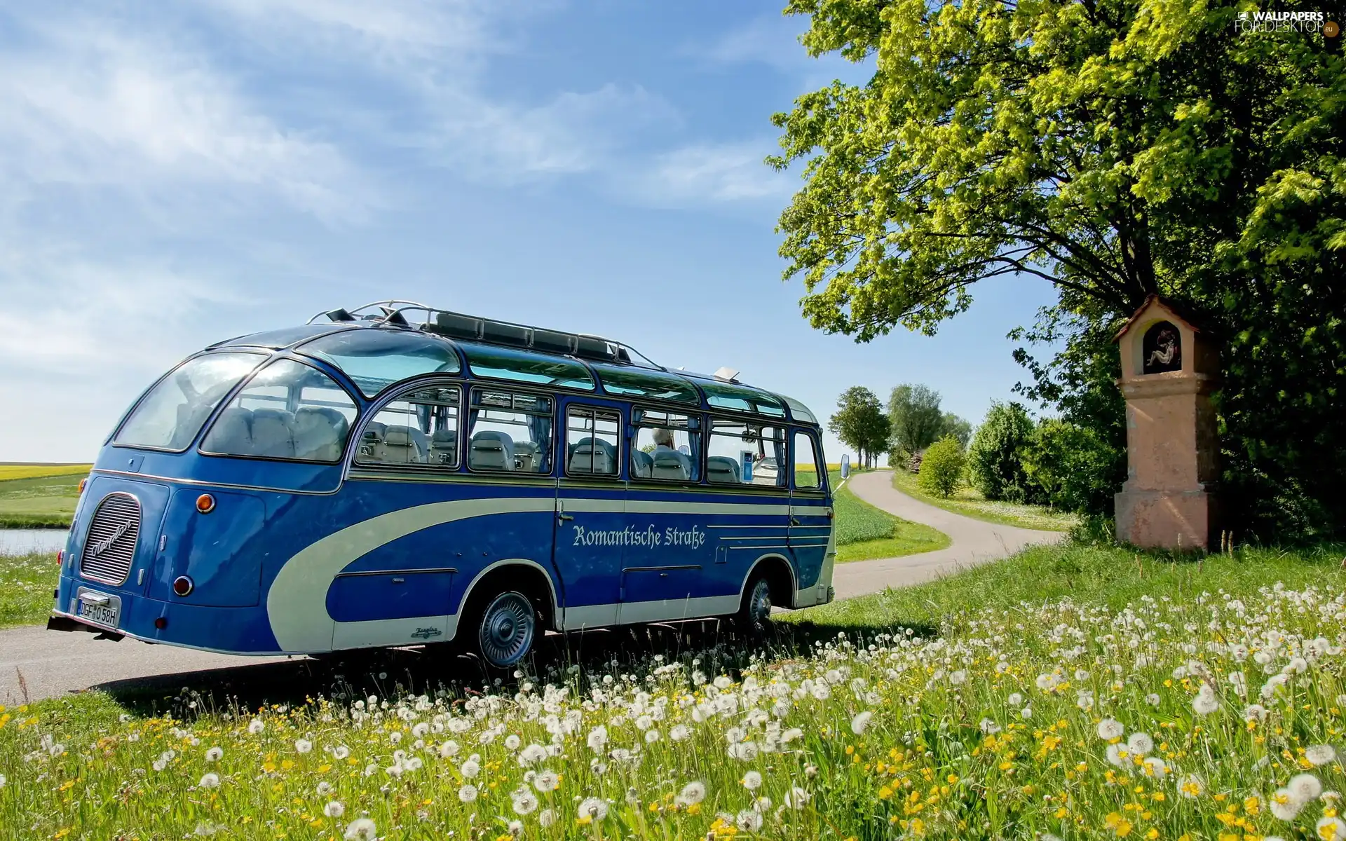 bus, Meadow, chapel, Way