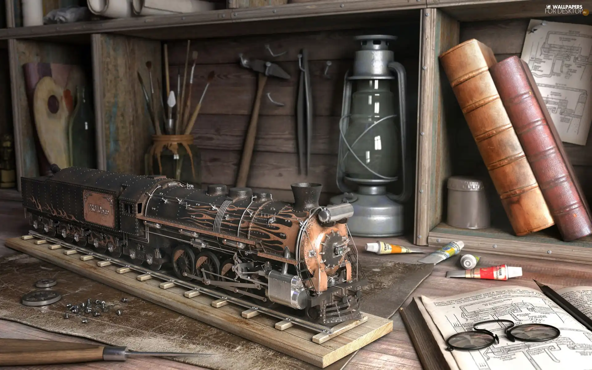 chisel, Lamp, Books, hammer, locomotive