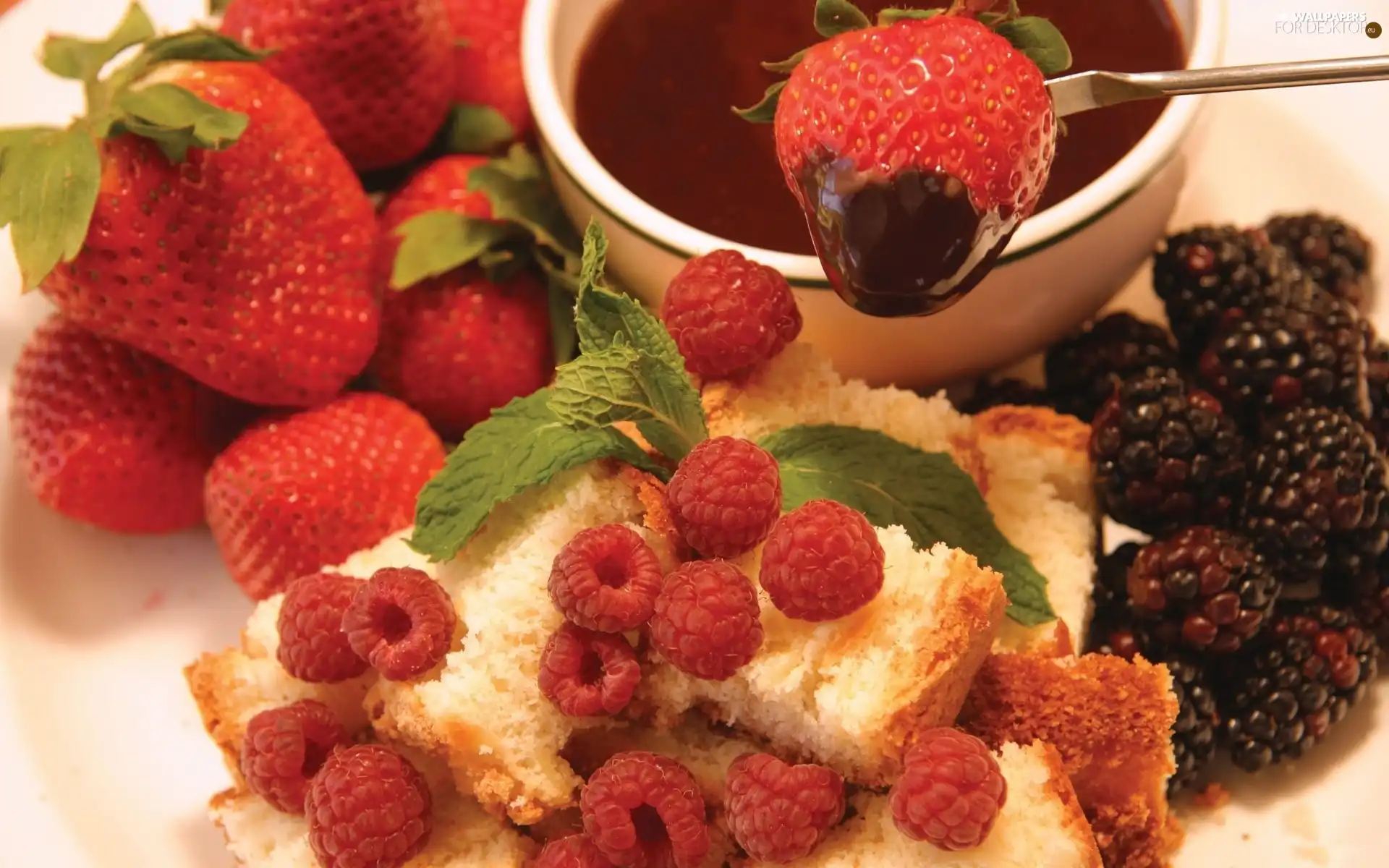 strawberries, blackberries, chocolate, raspberries