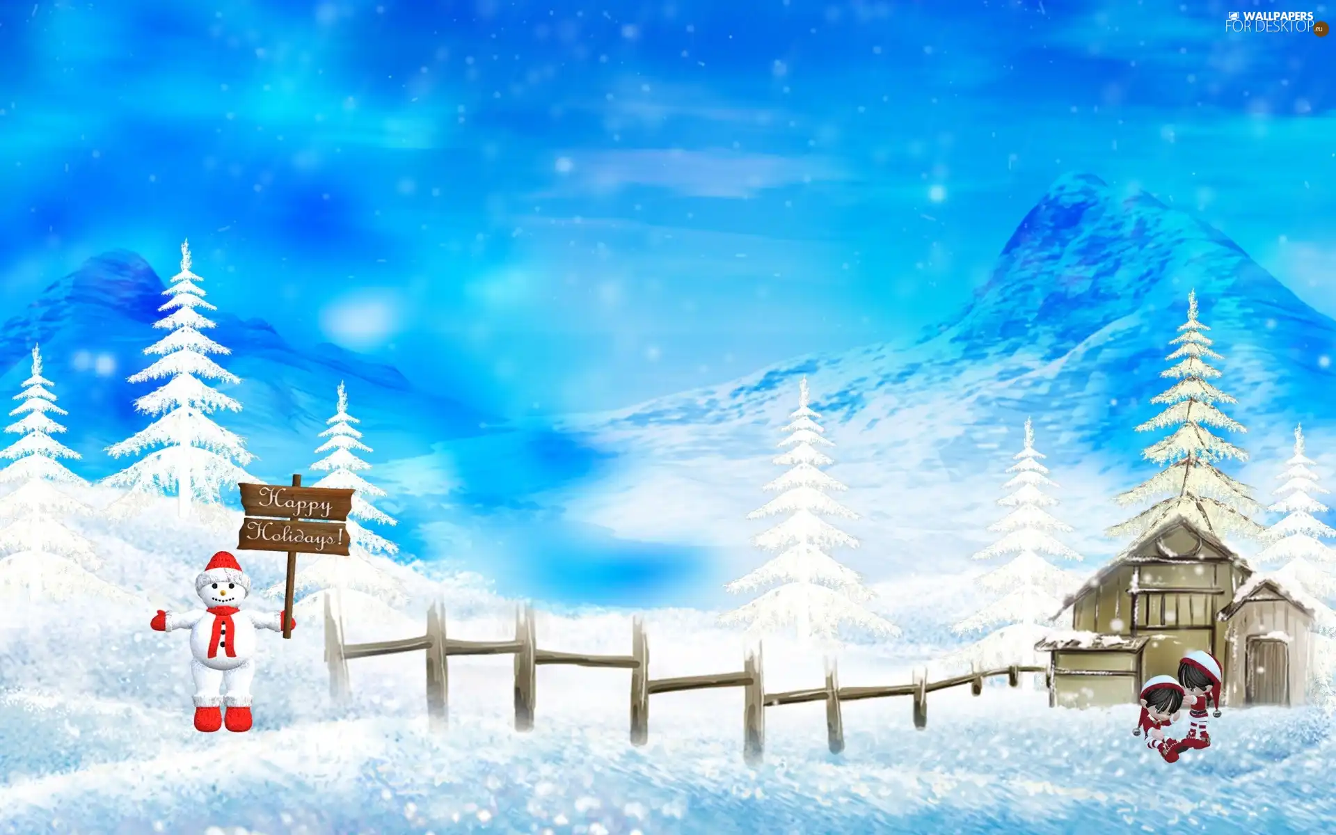 Christmas, Cottage, Snowman, snow, christmas