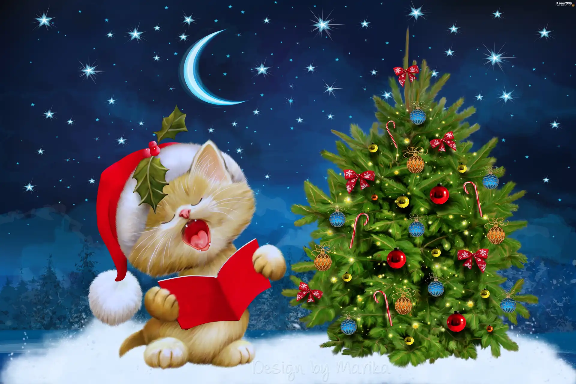 festive, christmas tree, Christmas, kitten