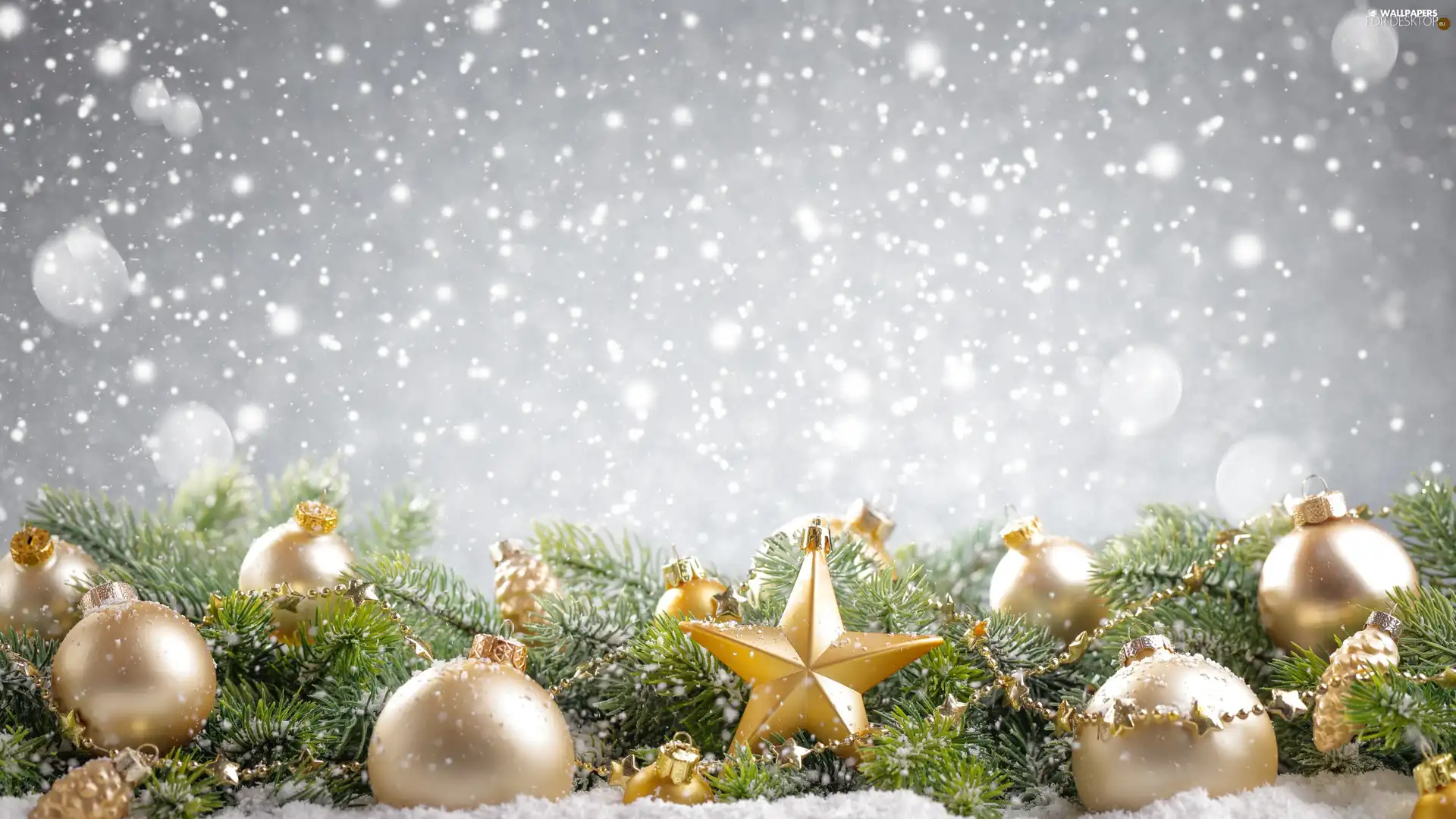composition, Christmas, Christmas, Golden, Twigs, snow, star, spruce, baubles
