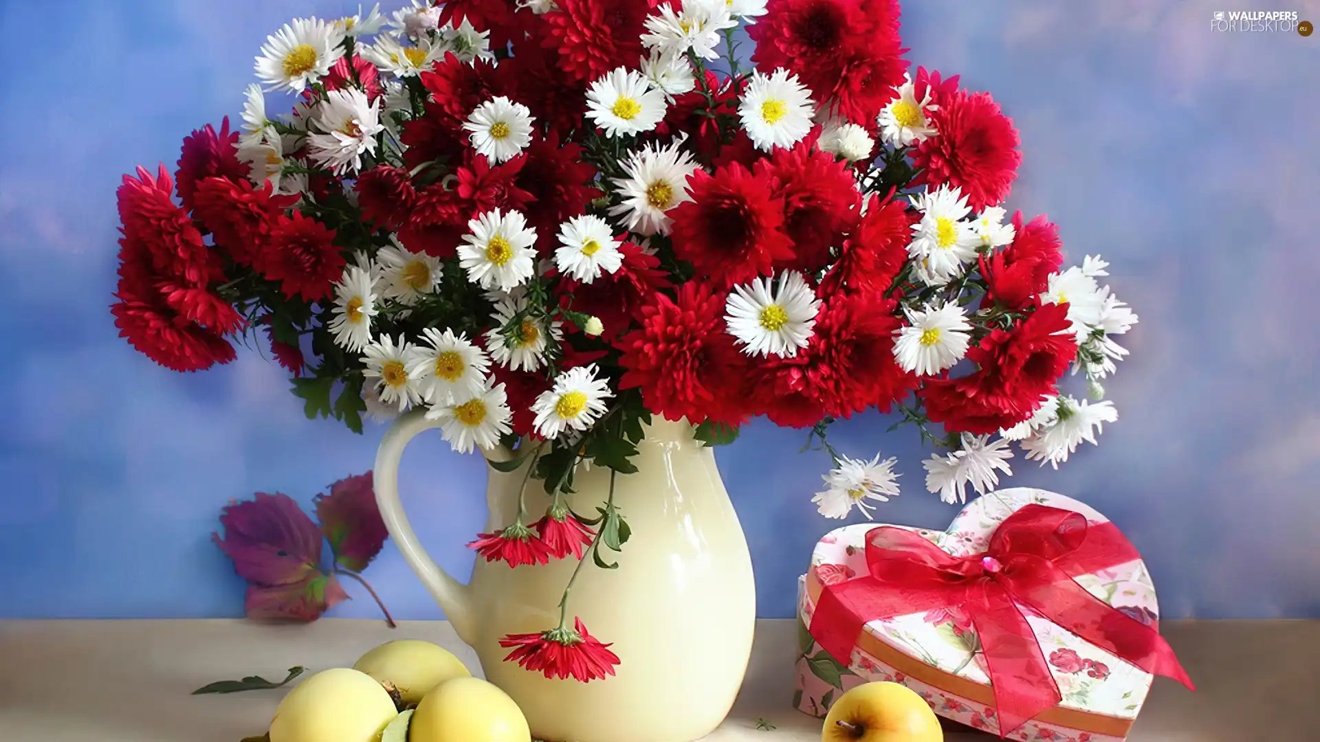 chrysanthemums, apples, bouquet, marguerites, jug