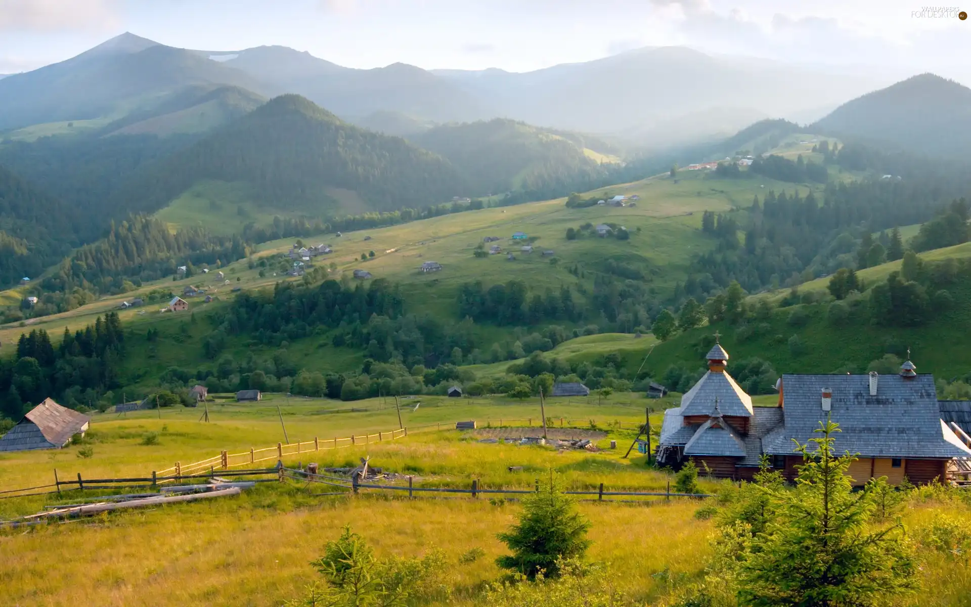 church, autumn, woods, field, Mountains