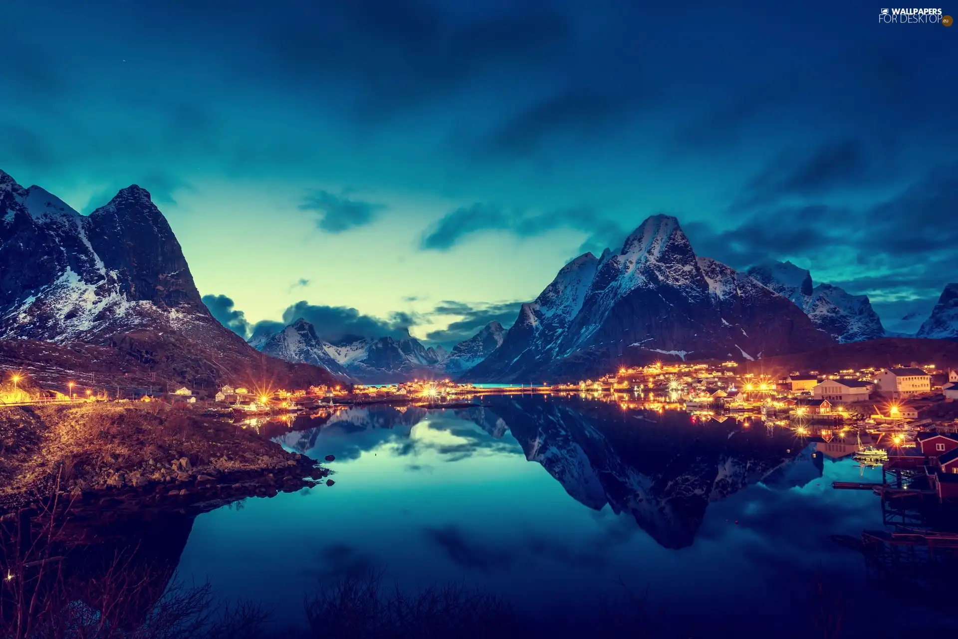 Mountains Light City At Night Lake For Desktop Wallpapers 1920x1281