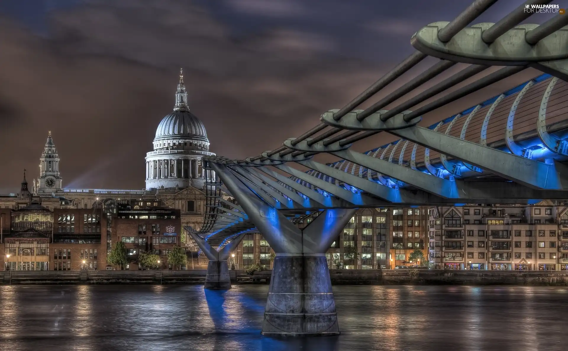 London, England, River, City at Night, Millenium Bridge