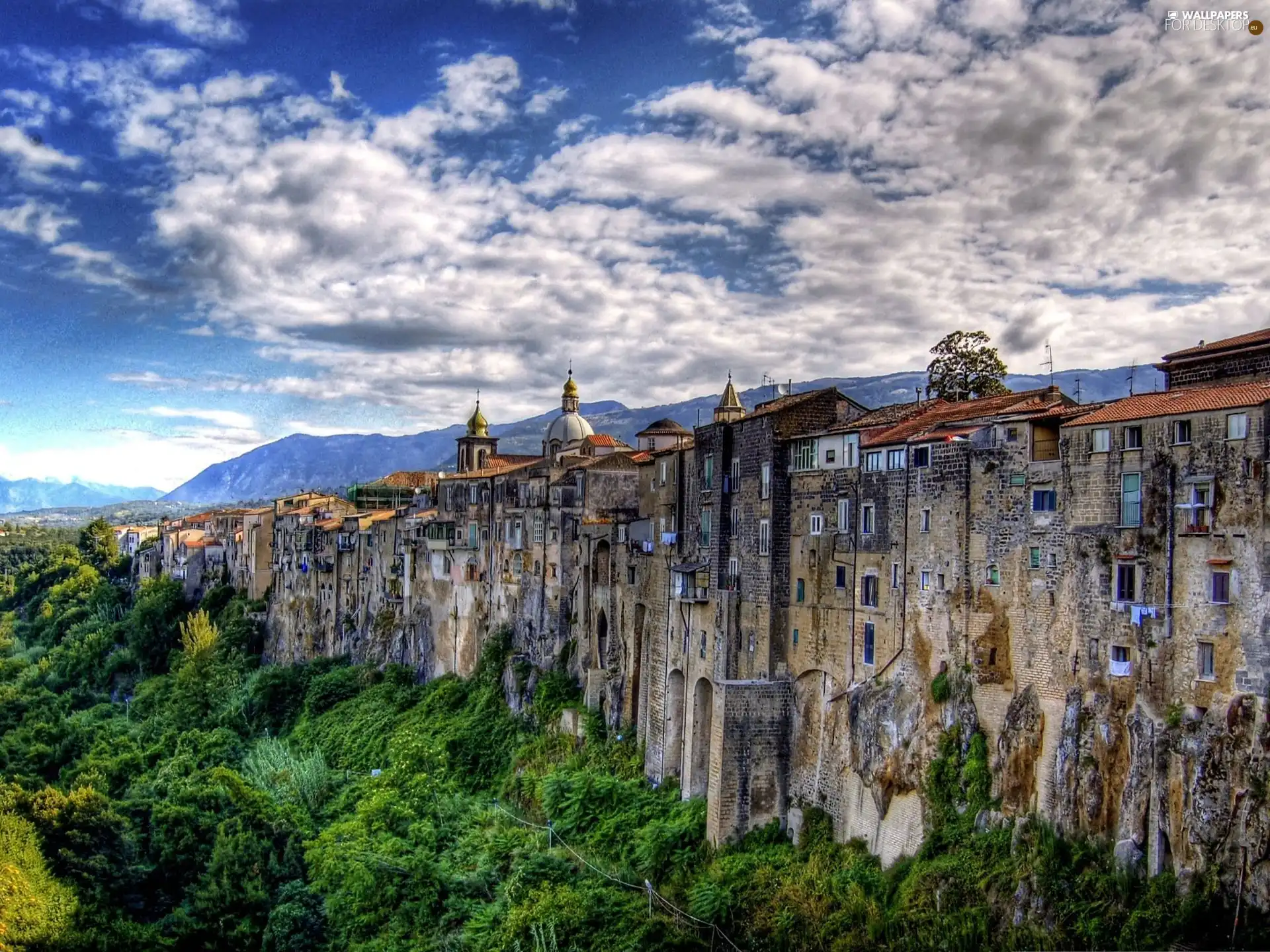 destroyed, clouds, cliff, buildings