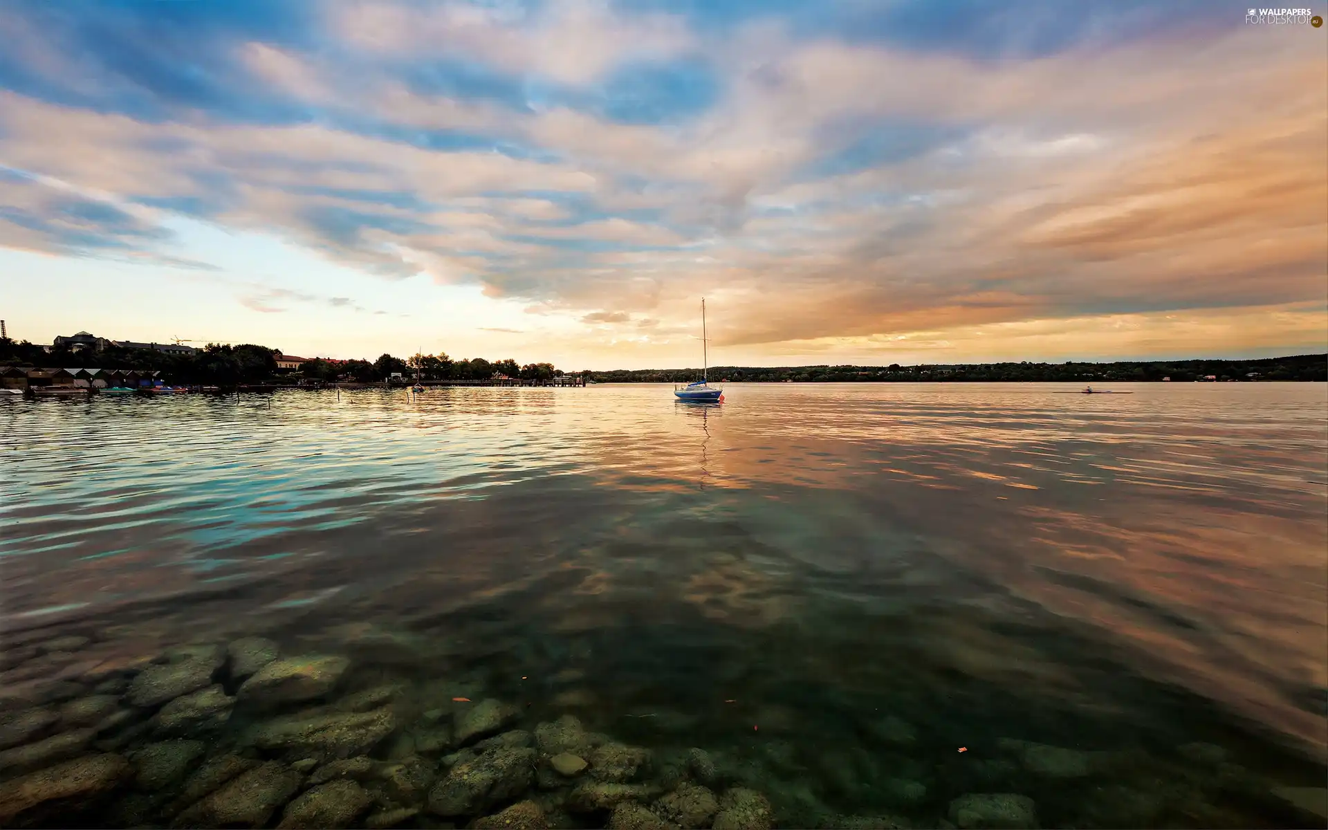 clouds, lake, Boat