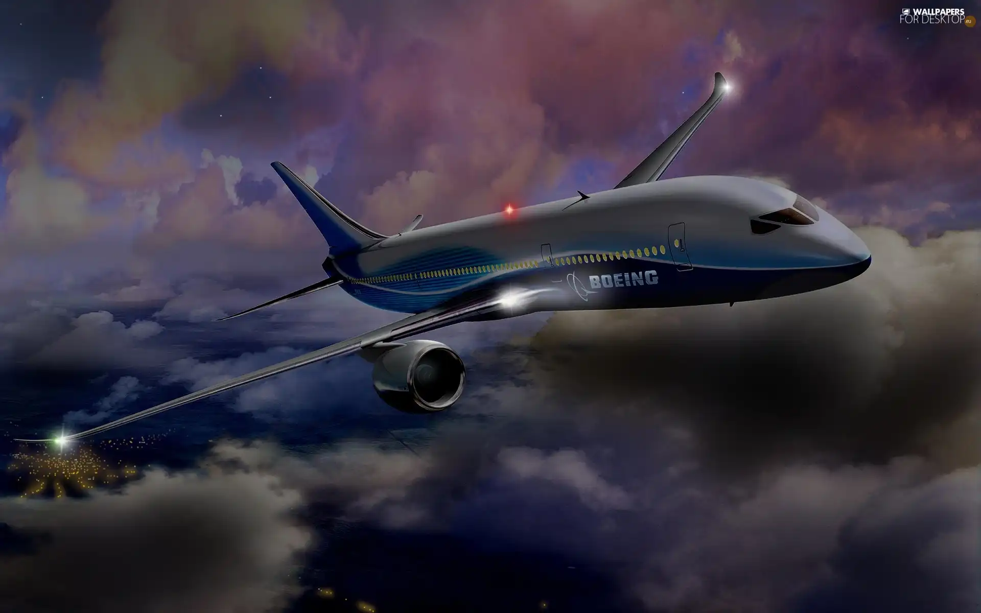clouds, plane, Boeing