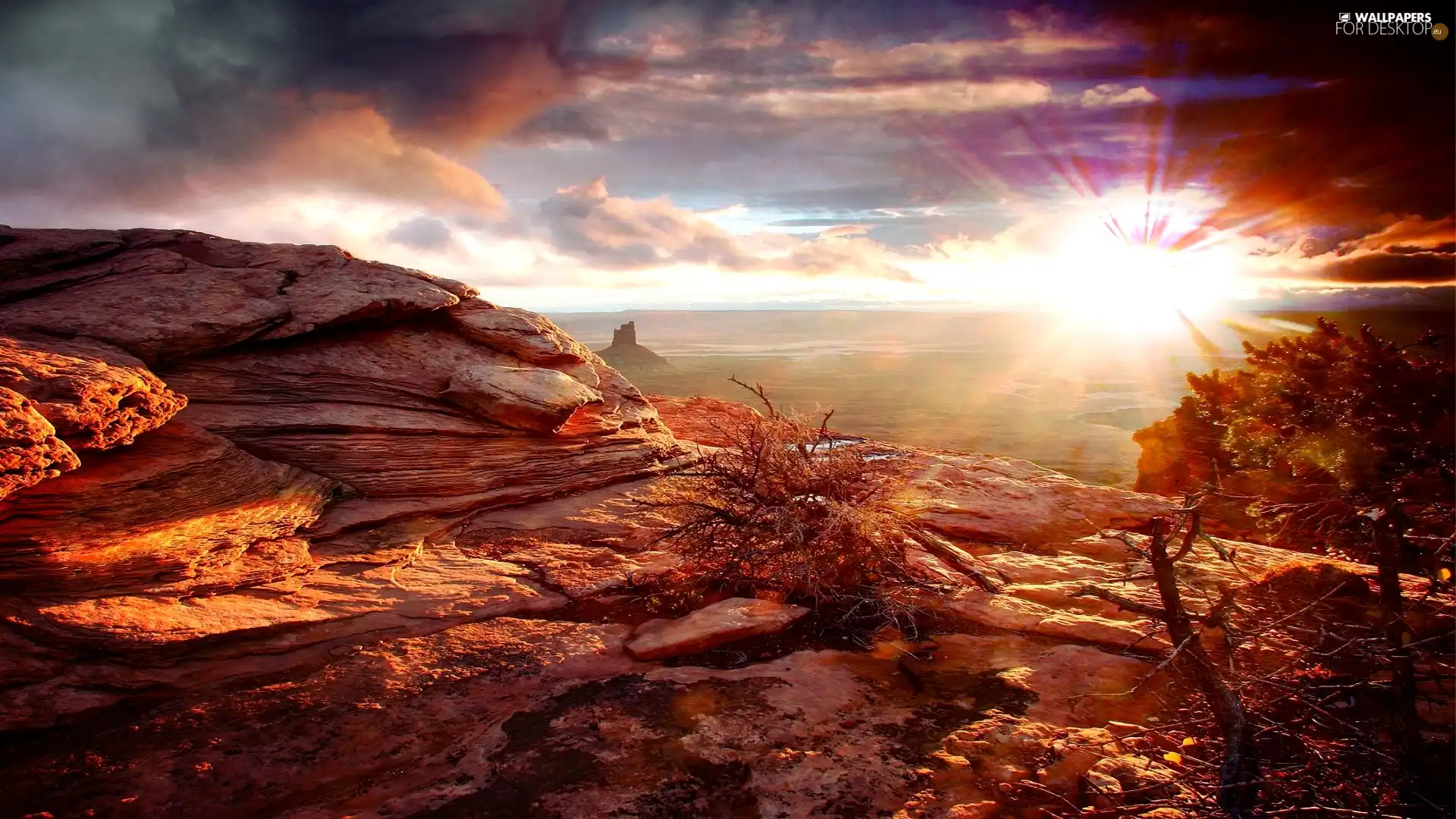 canyon, sun, clouds, west