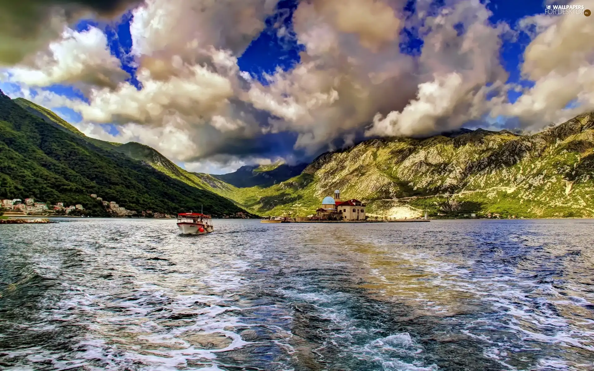 clouds, Church, Mountains, bath-tub, lake