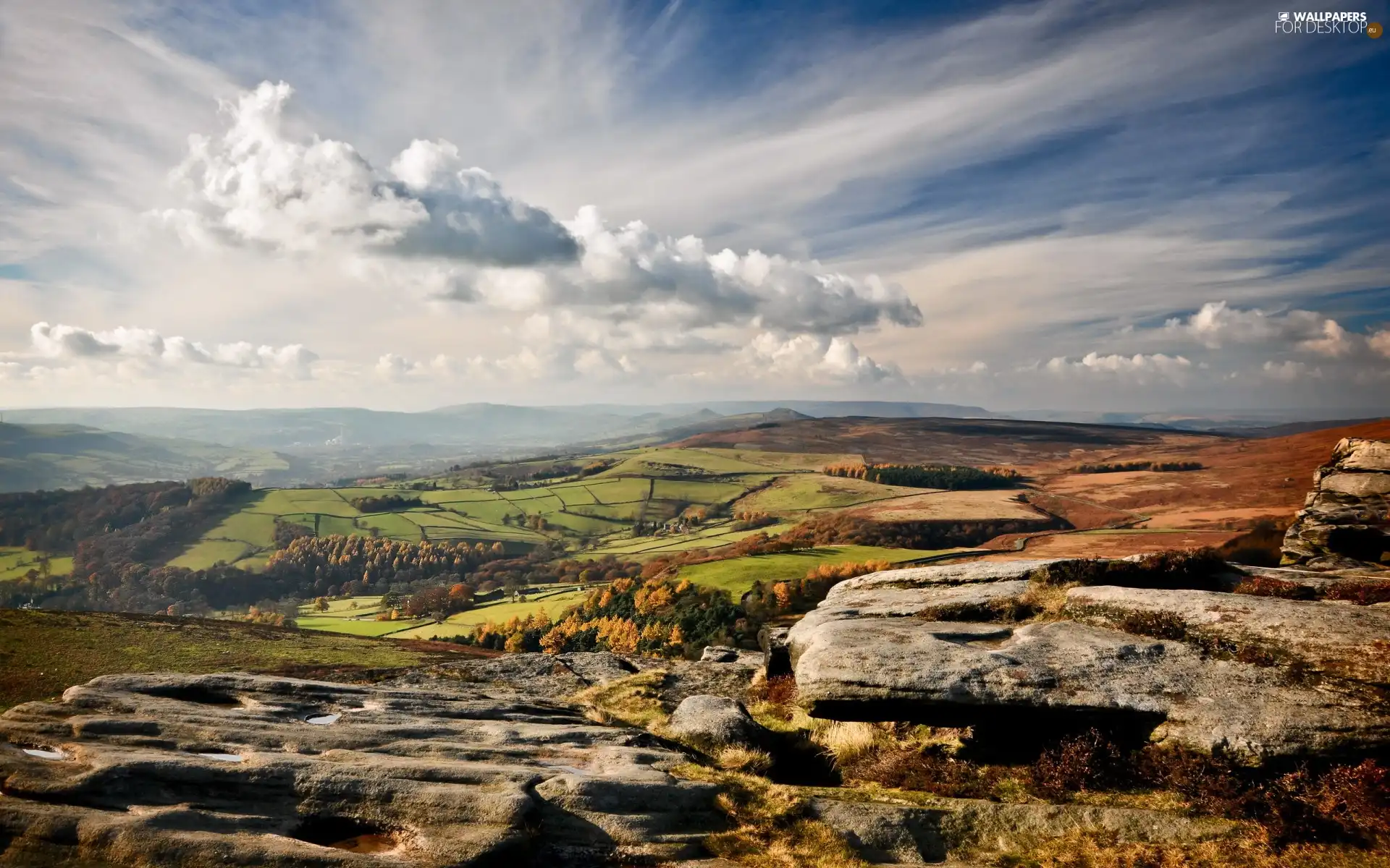 clouds, rocks, field