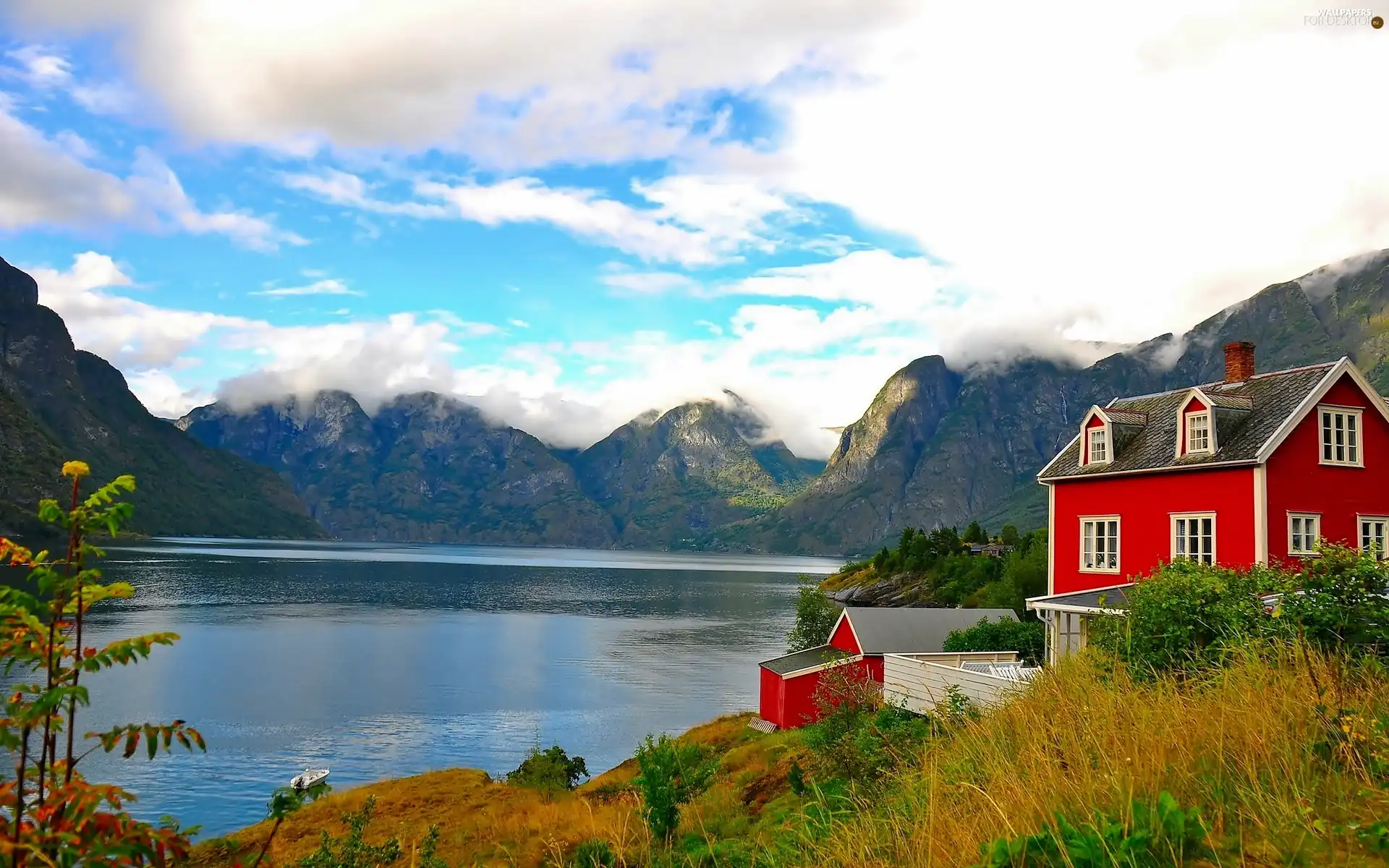 house, Mountains, clouds, lake
