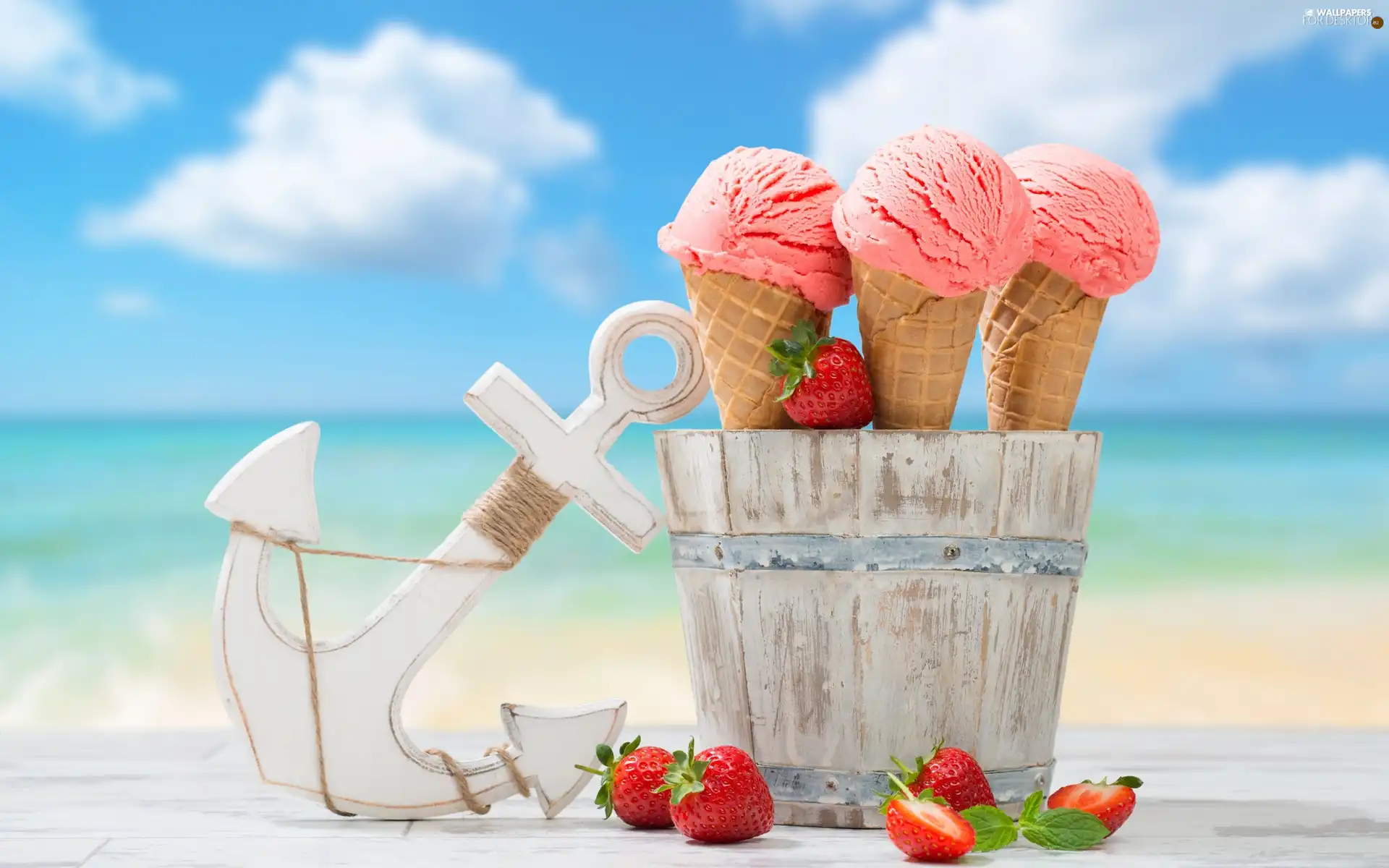 clouds, sea, ice cream, Sky, beach