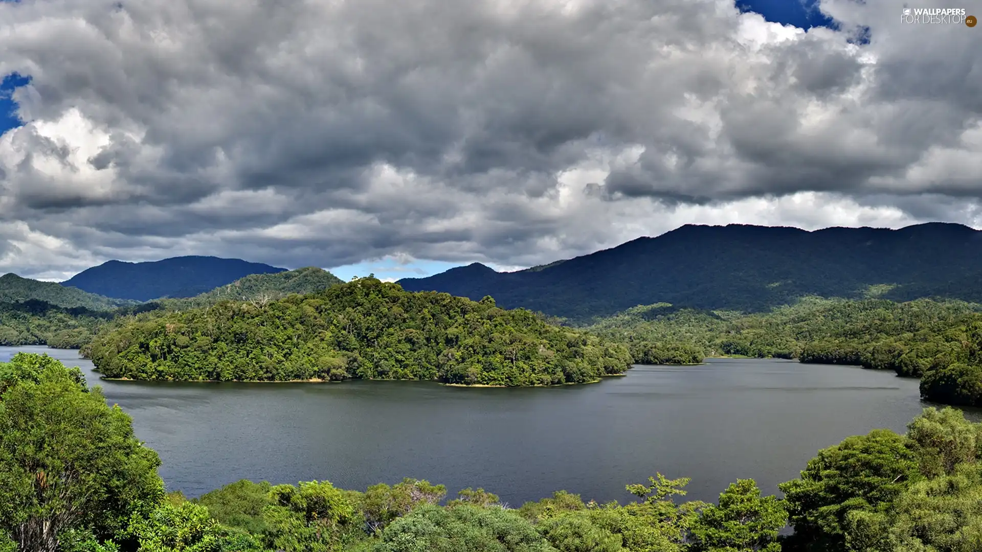 lake, green, clouds, Islet