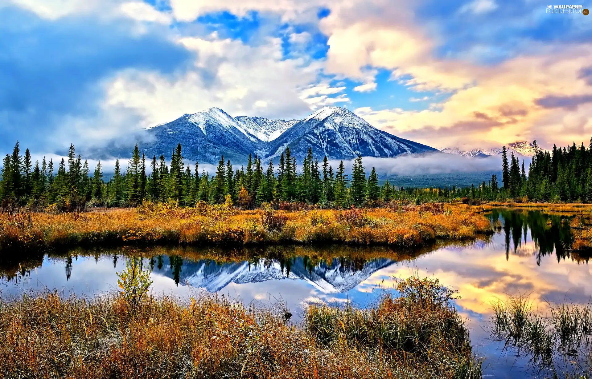 clouds, Mountains, lake