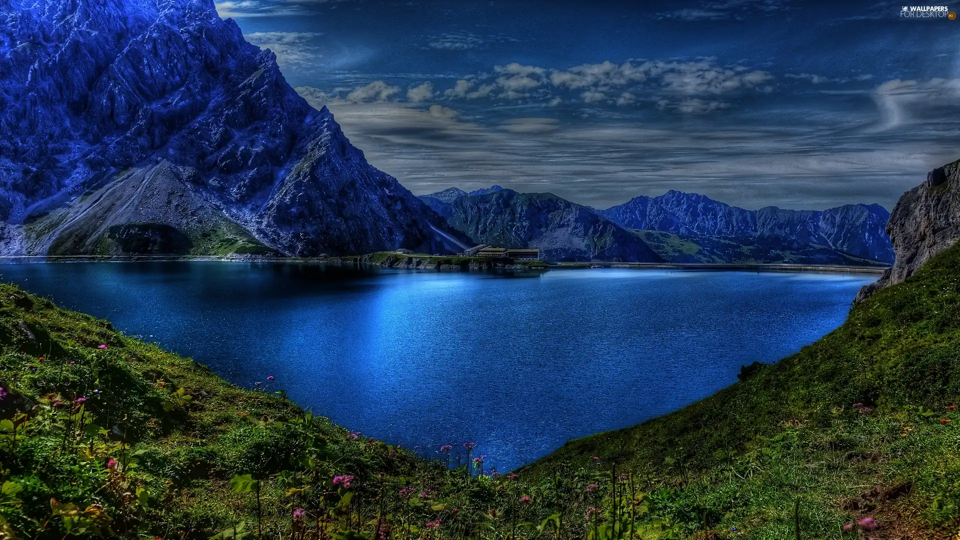 clouds, Mountains, lake