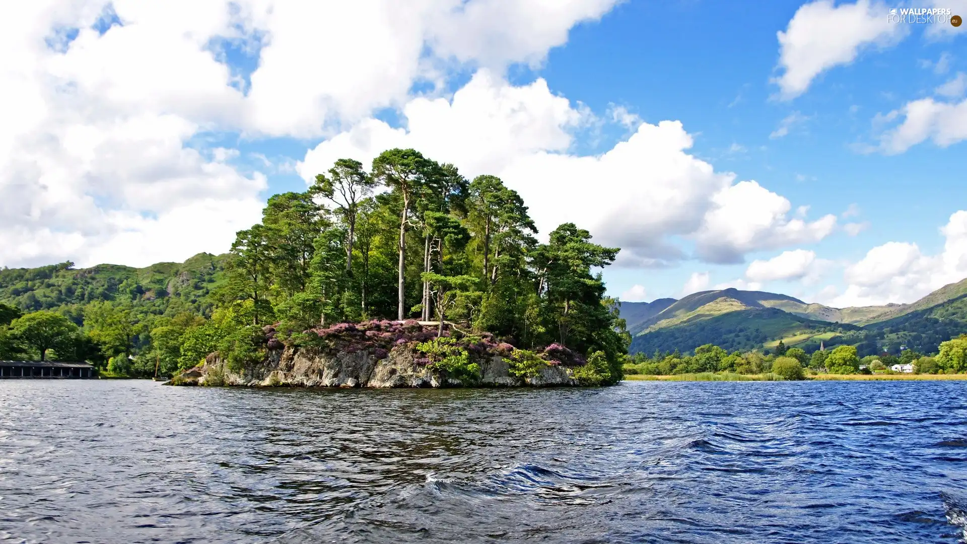 lake, White, clouds, Islet