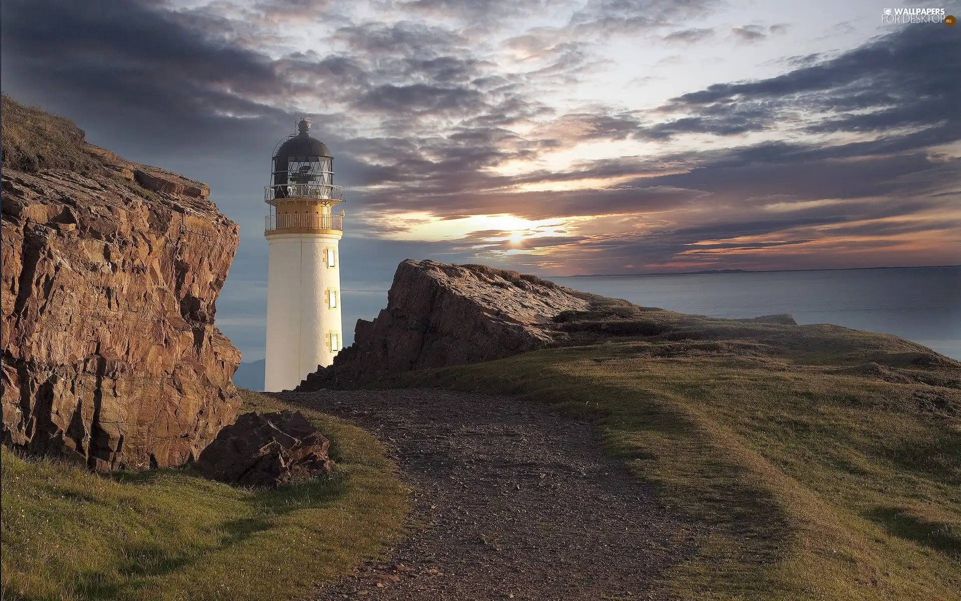 Lighthouse, rocks, clouds, maritime