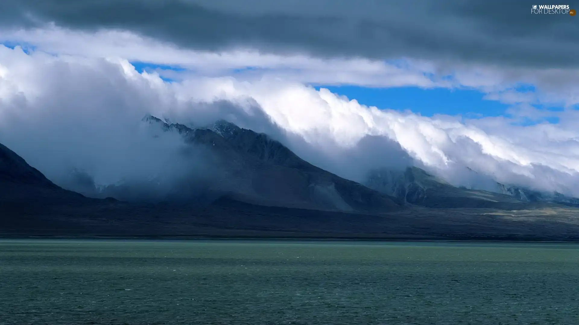 clouds, lake, Mountains