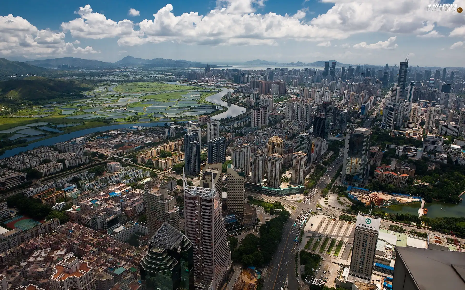 panorama, skyscrapers, clouds, town