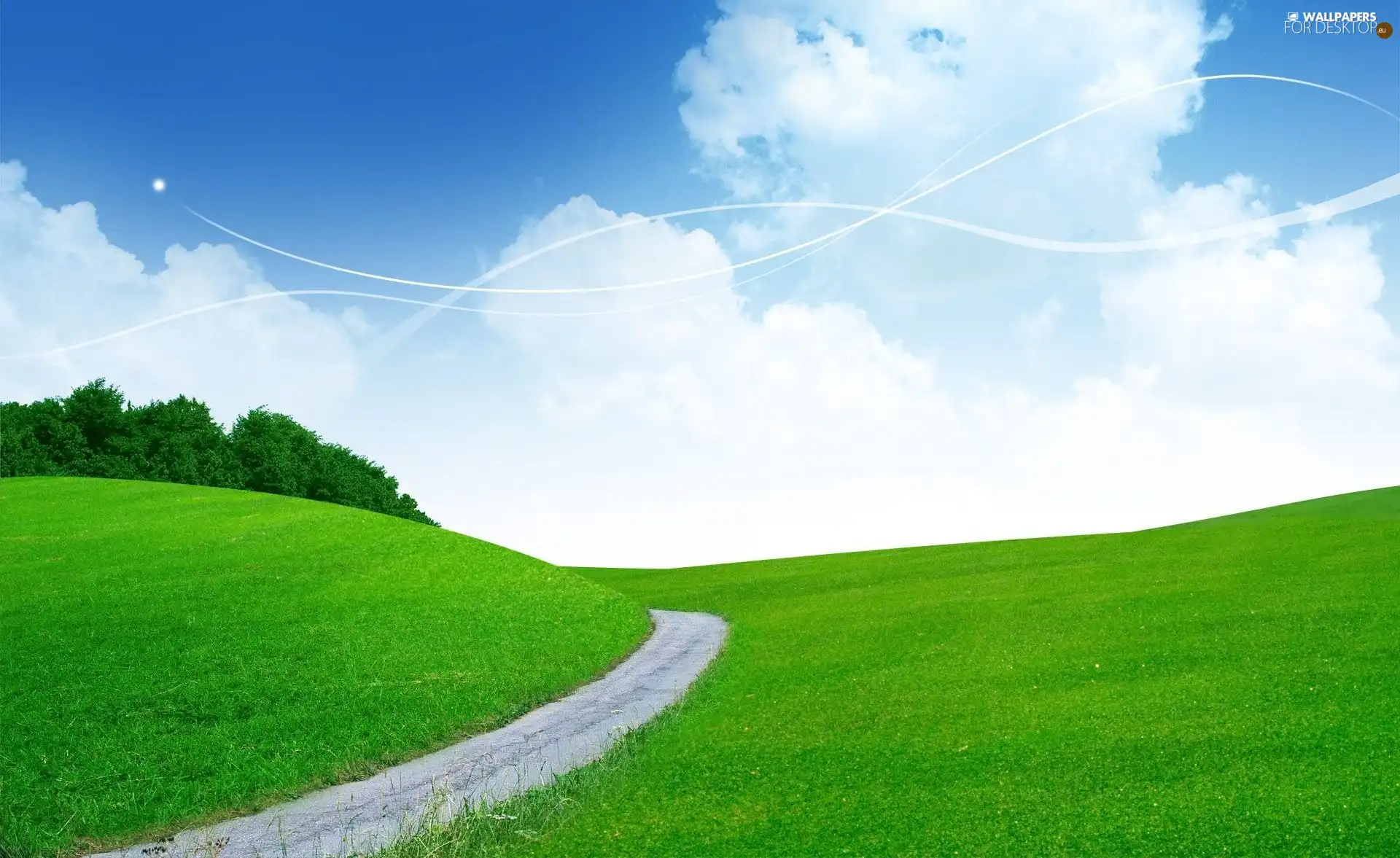 clouds, Meadow, Path