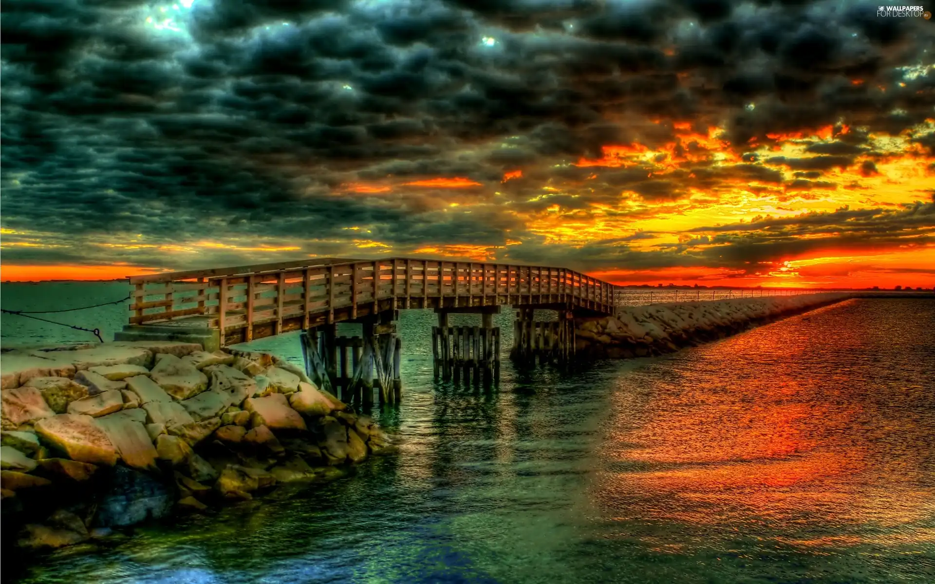 clouds, sea, Platform