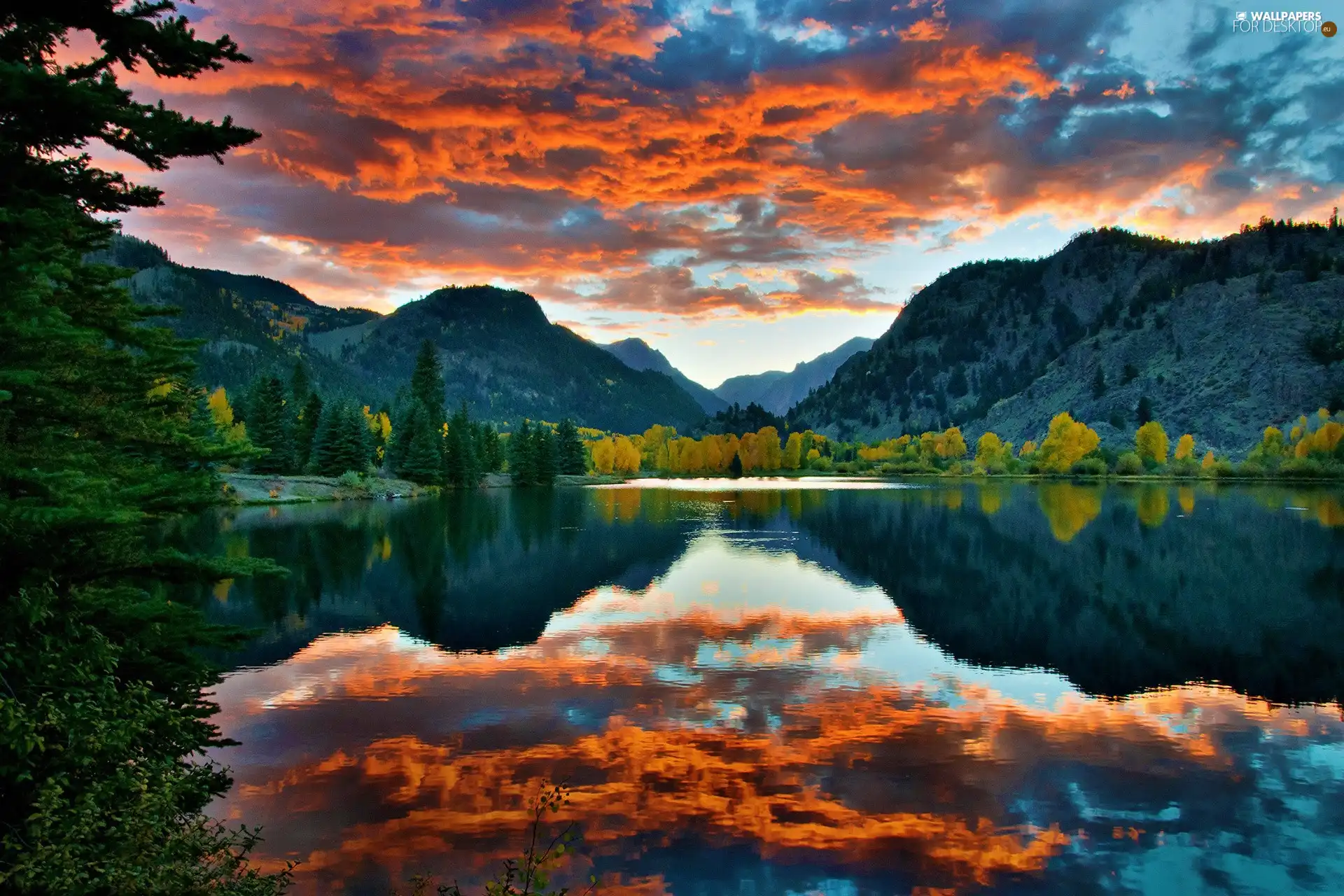 clouds, reflection, Mountains, Orange, lake