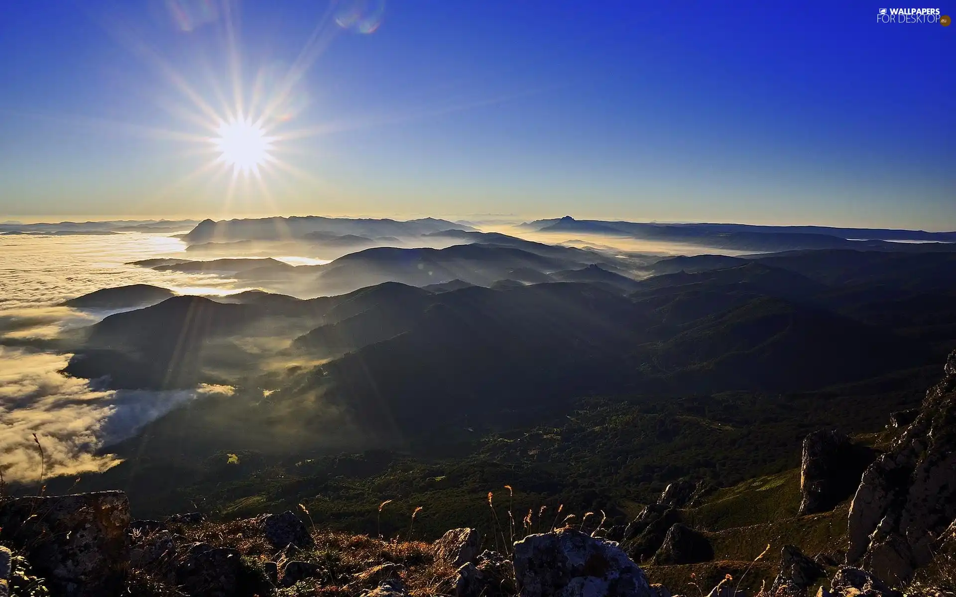 clouds, rocks, sun, Mountains, east