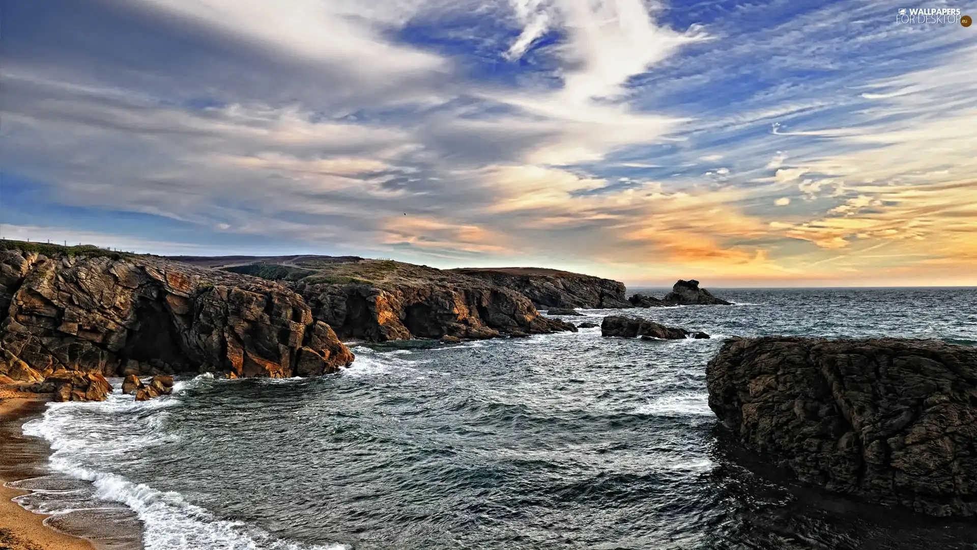 clouds, sea, rocks