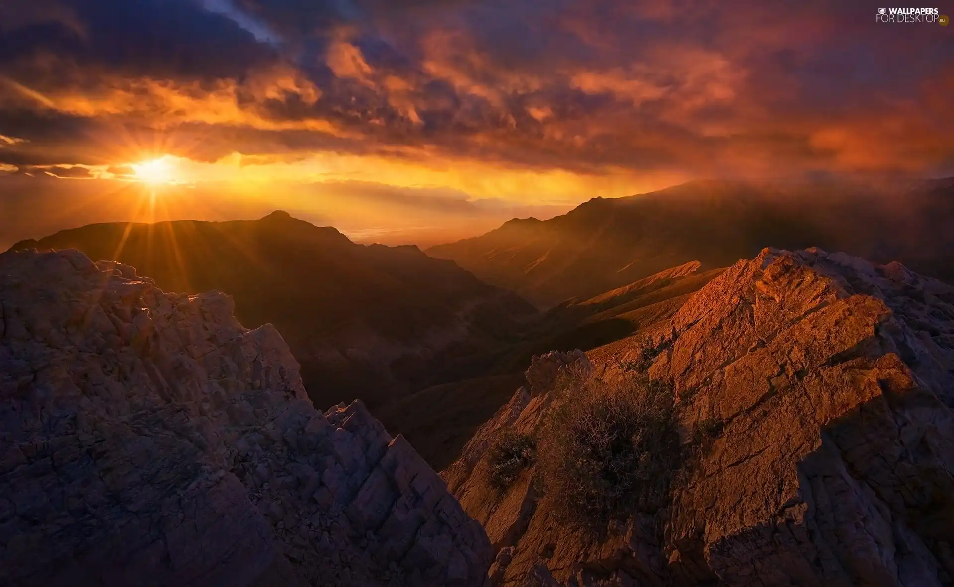 clouds, rocks, sun, rays, west