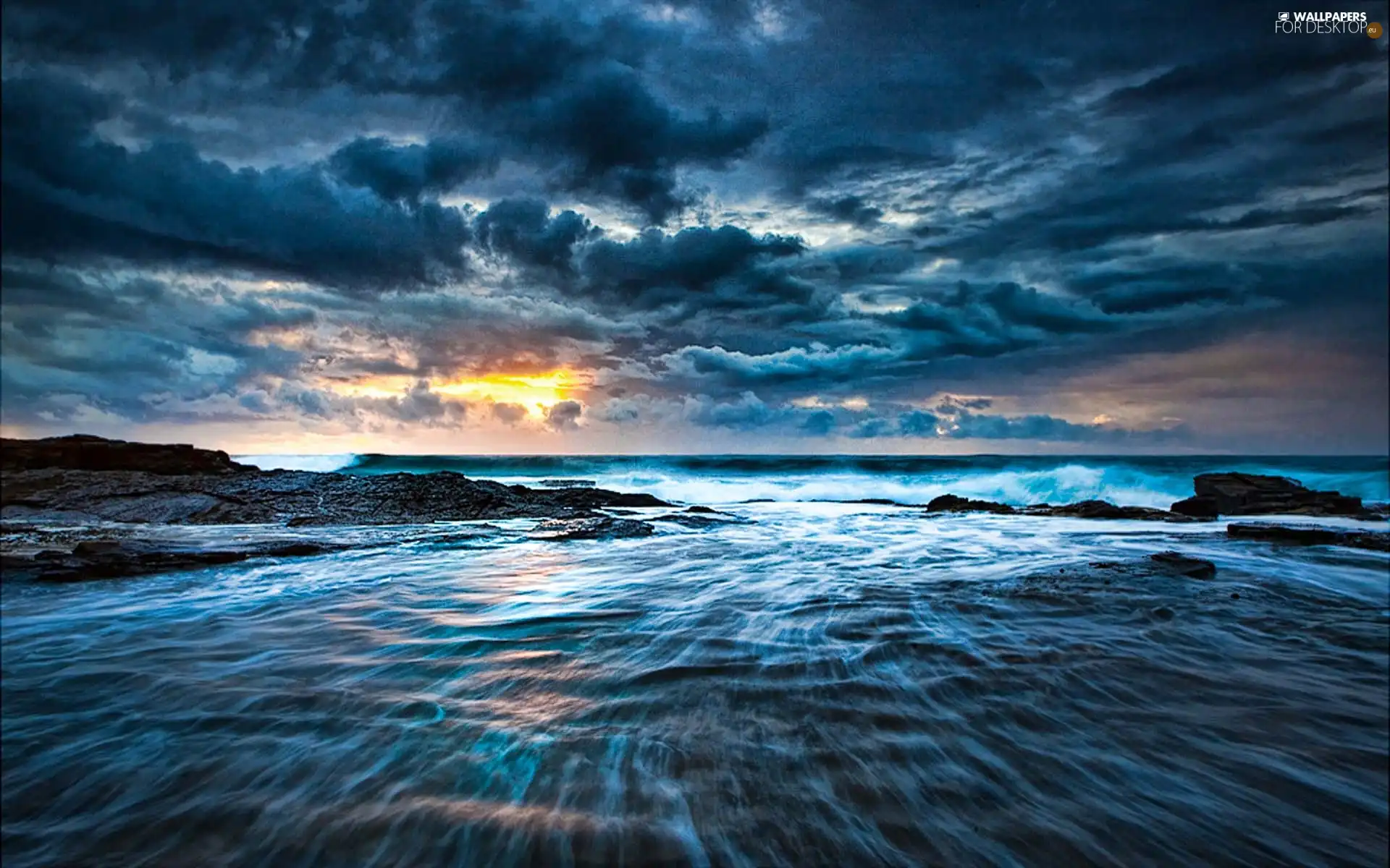 clouds, rocks, sun, sea, west