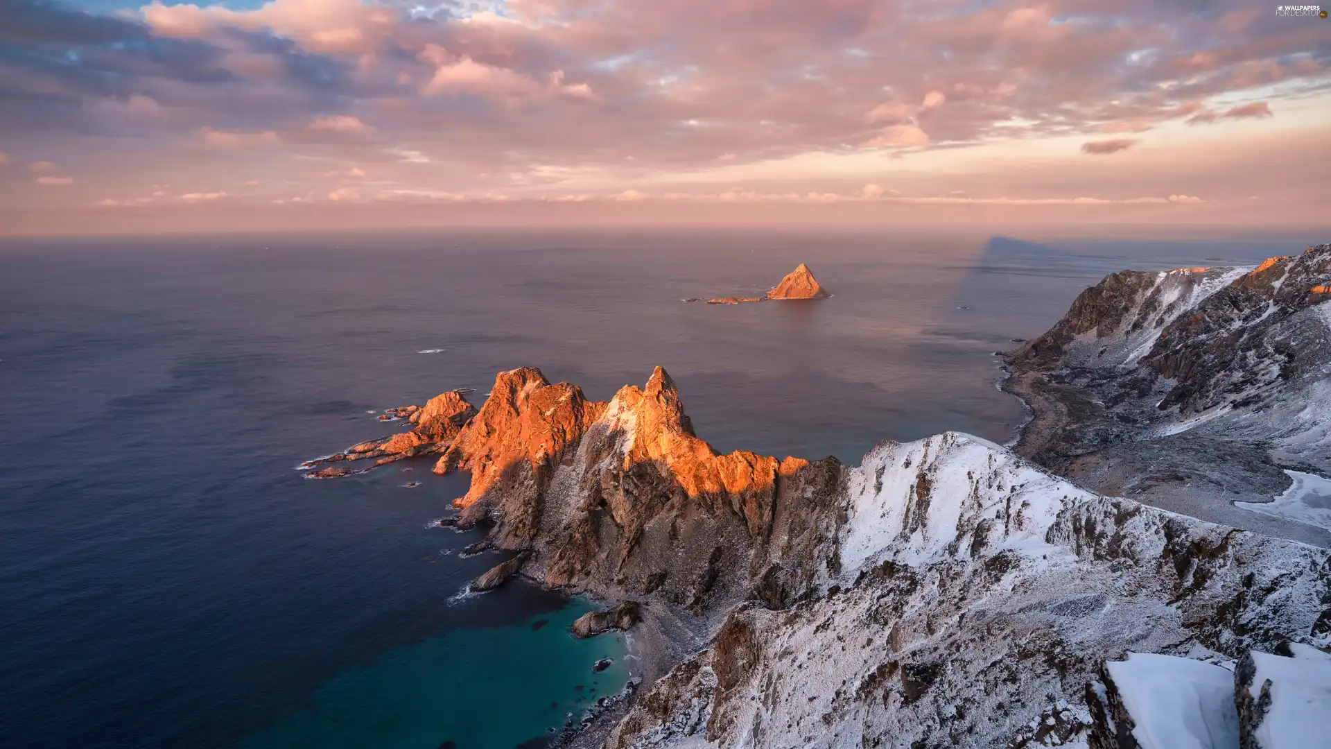rocks, clouds, sea, Snowy, Coast