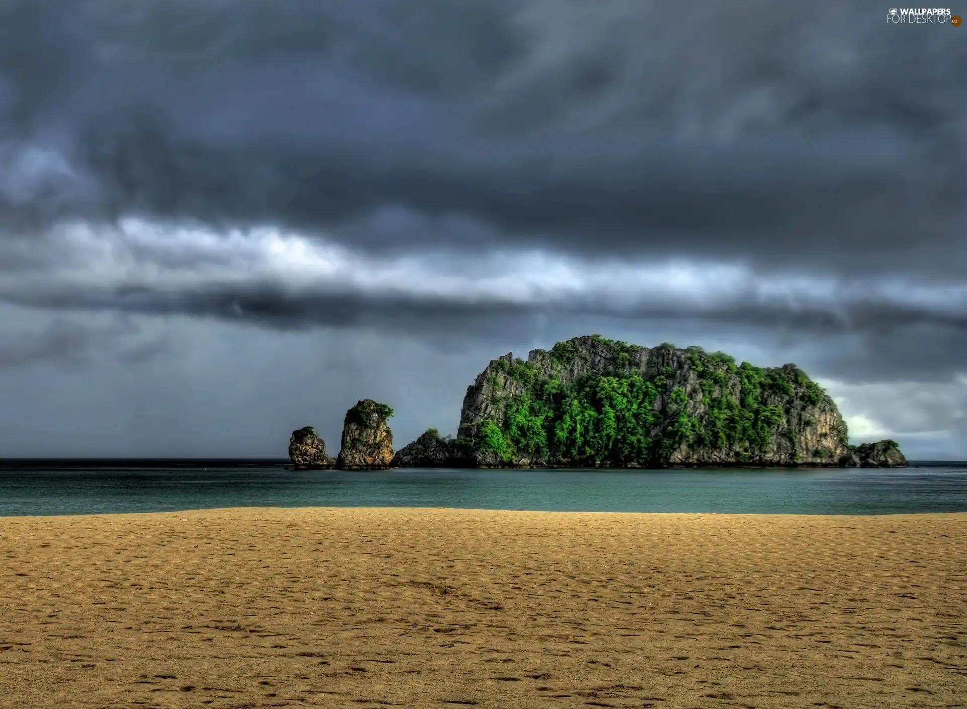 sea, Island, clouds, Beaches