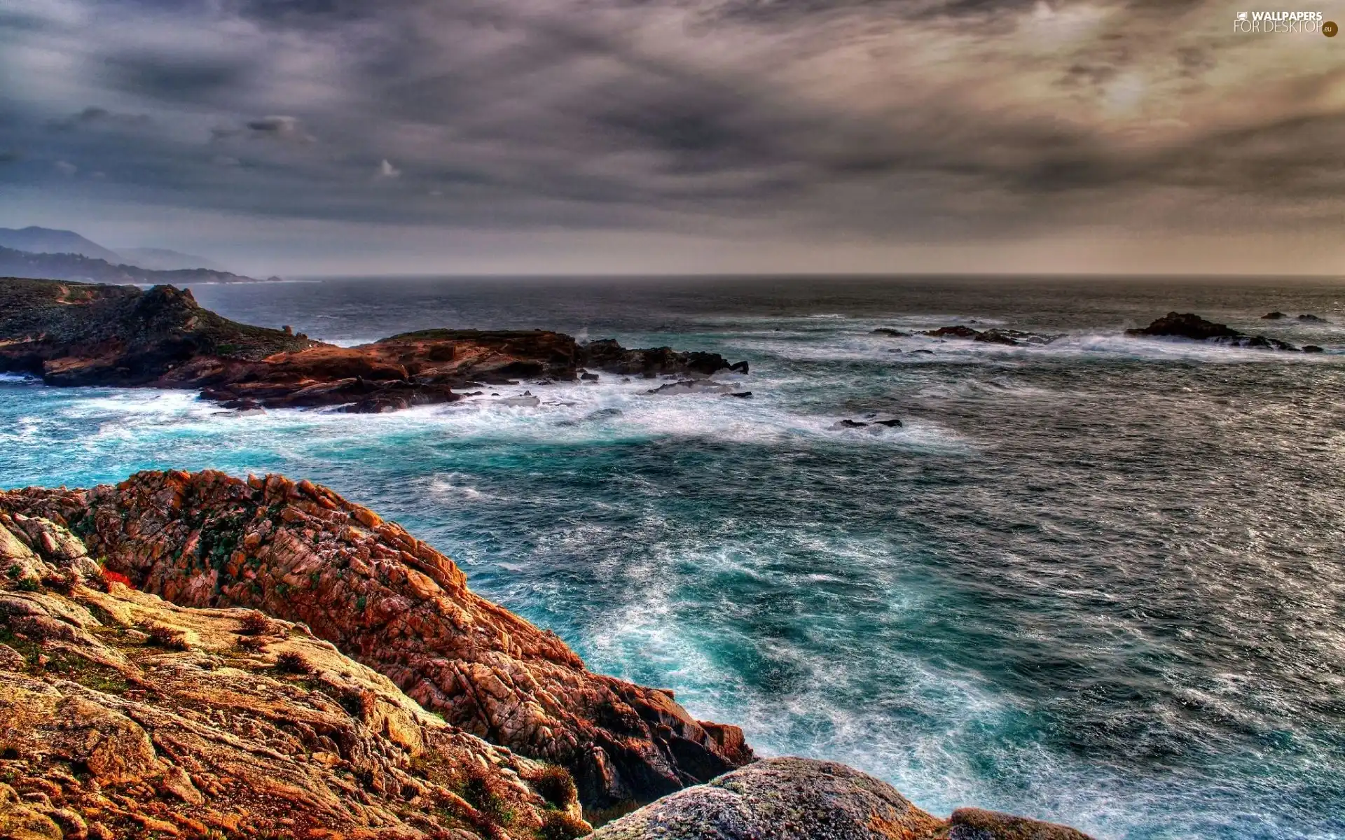 clouds, rocks, sea