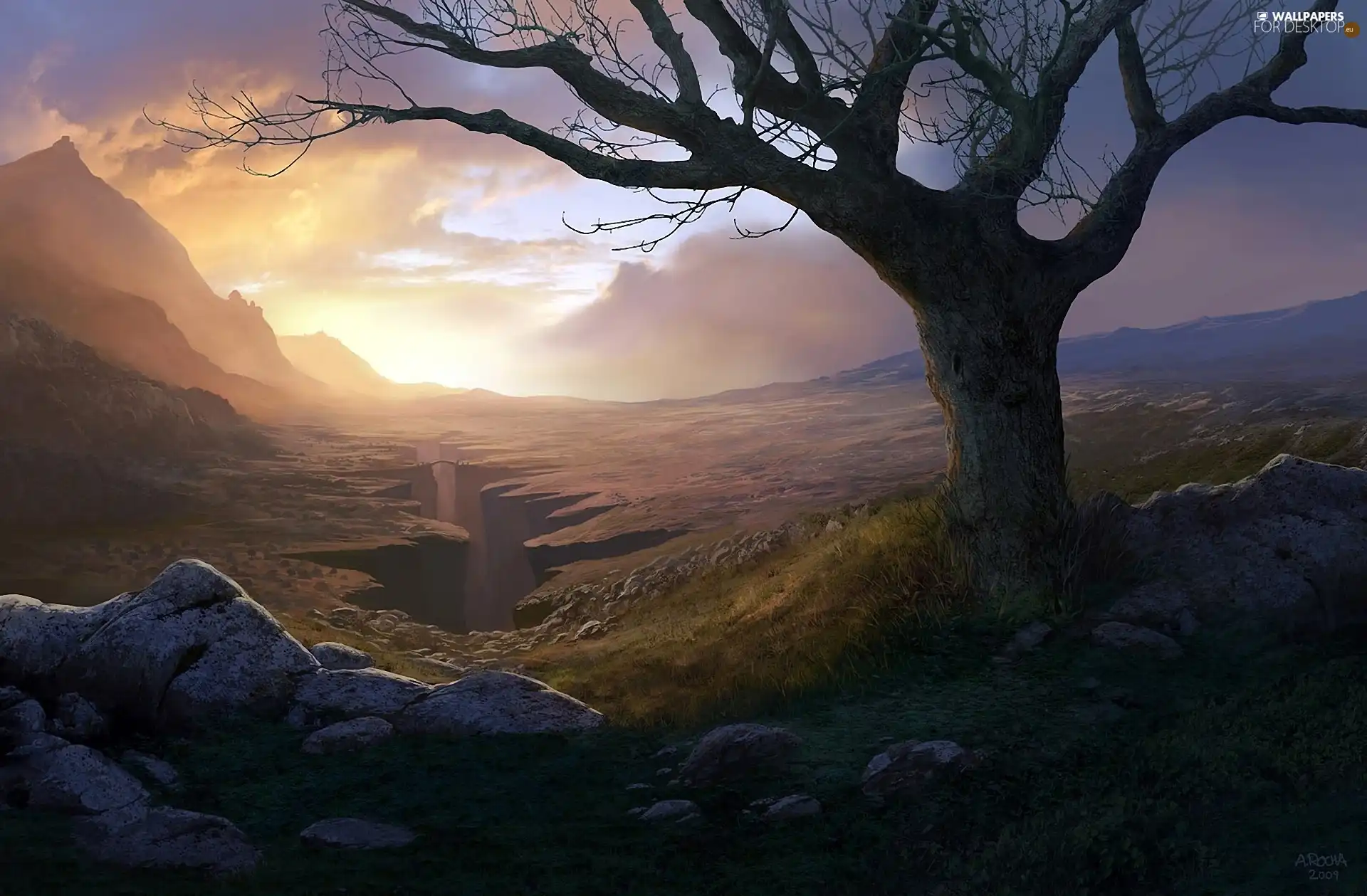 clouds, Andreas Rocha, trees, Mountains, Stones