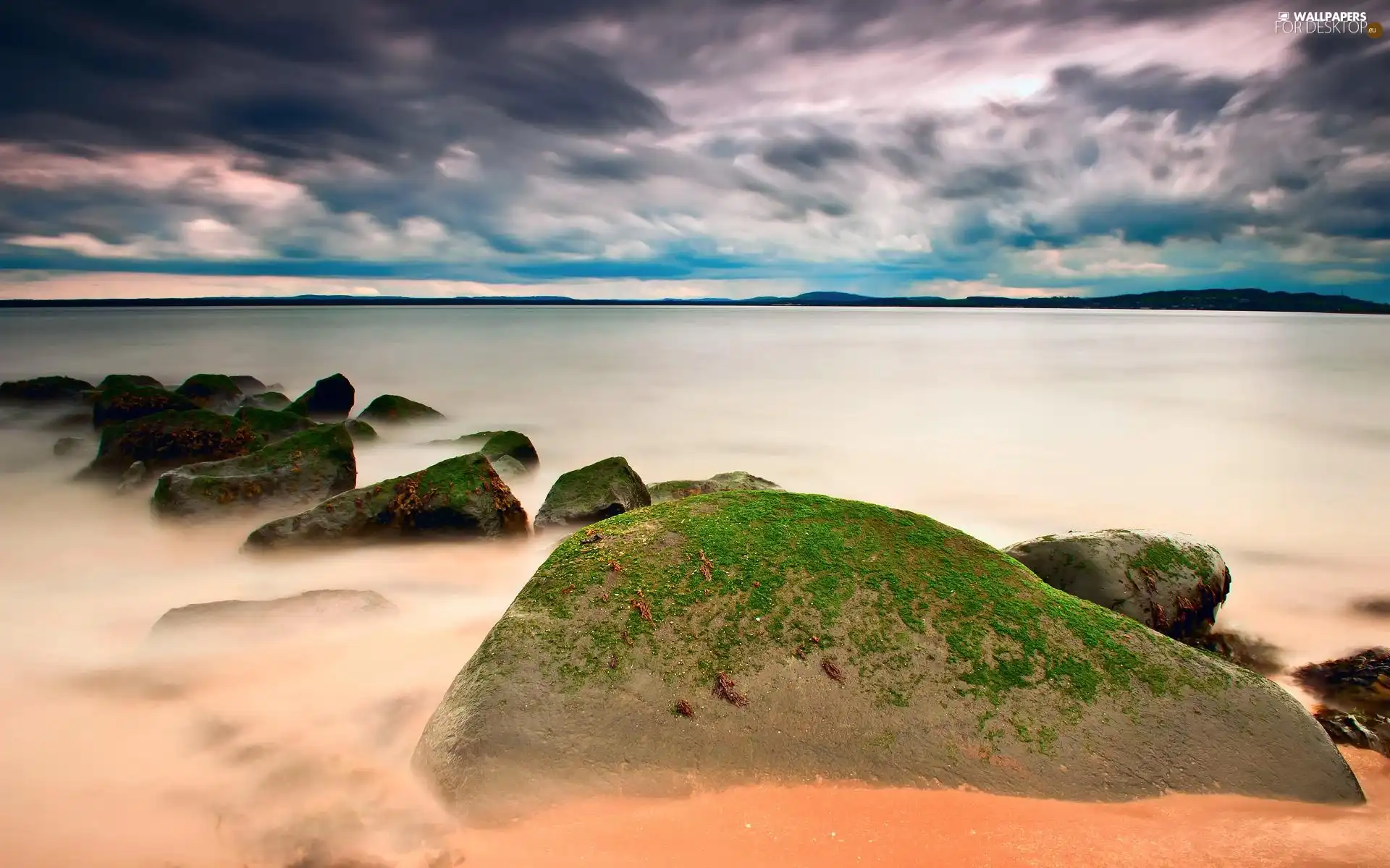 clouds, sea, Stones