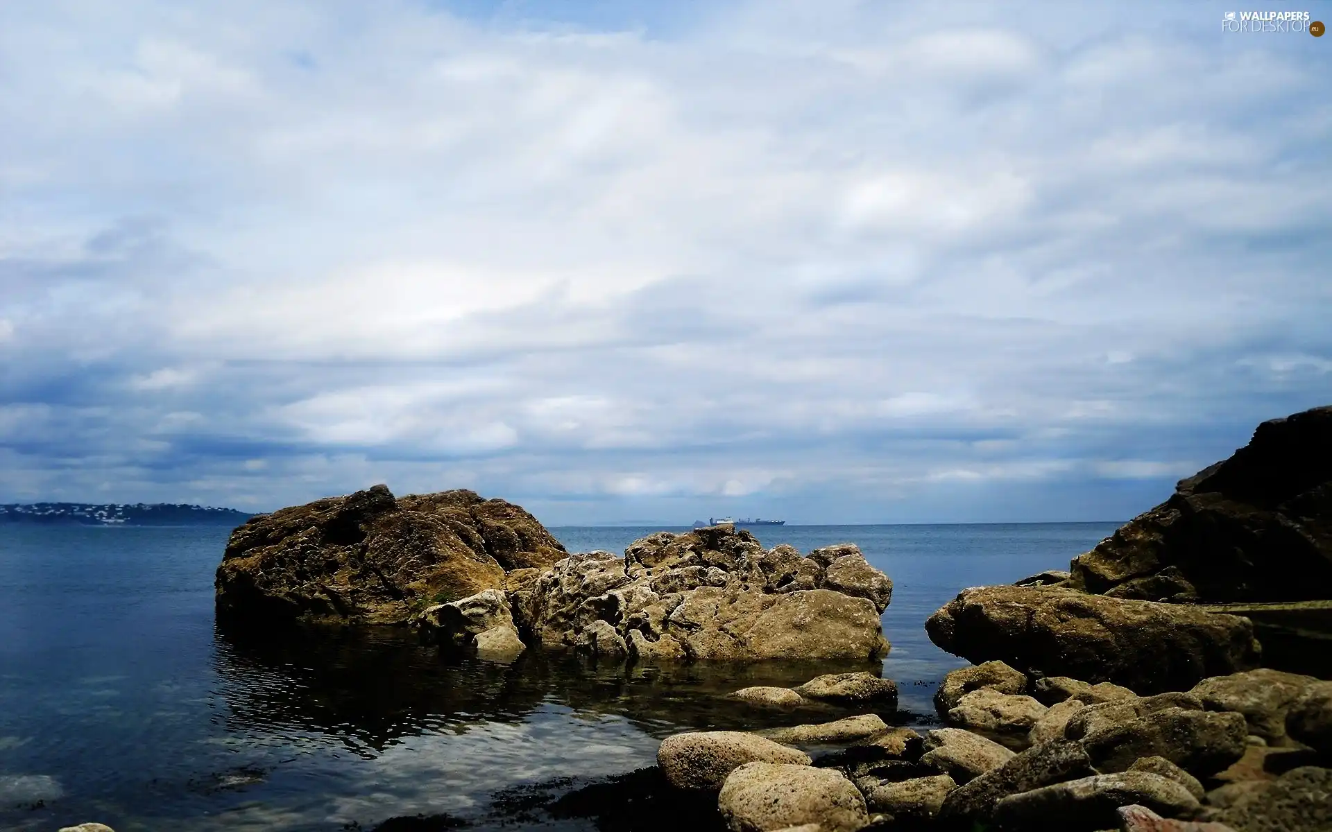 clouds, sea, Stones