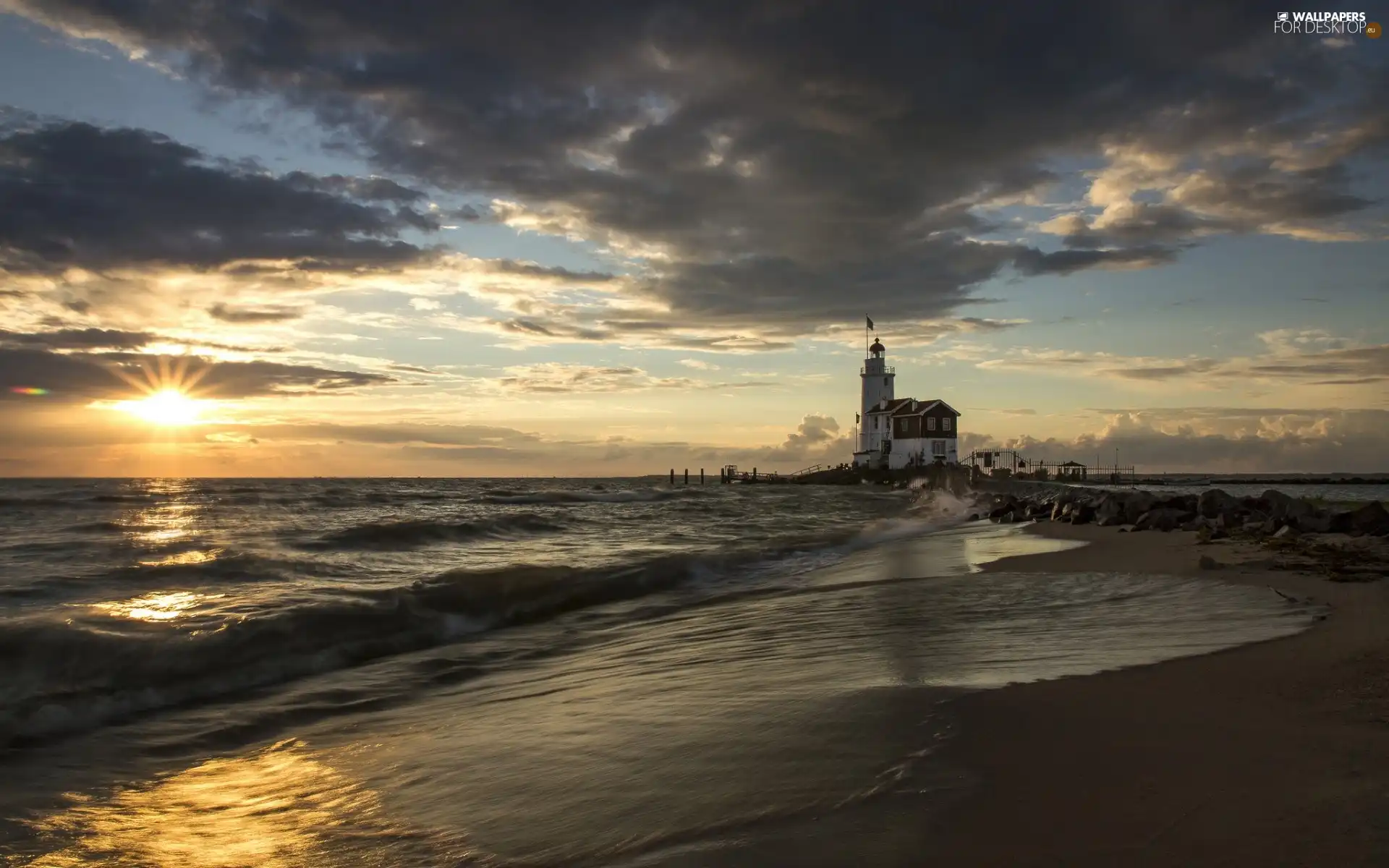 Waves, maritime, rays, Coast, Lighthouse, clouds, sun