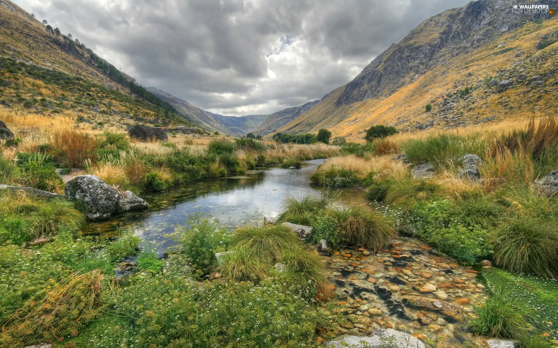 water, Mountains, clouds, Valley