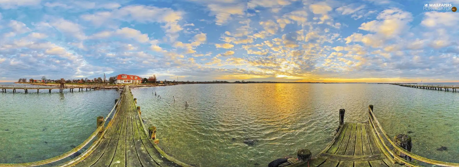 clouds, pier, water