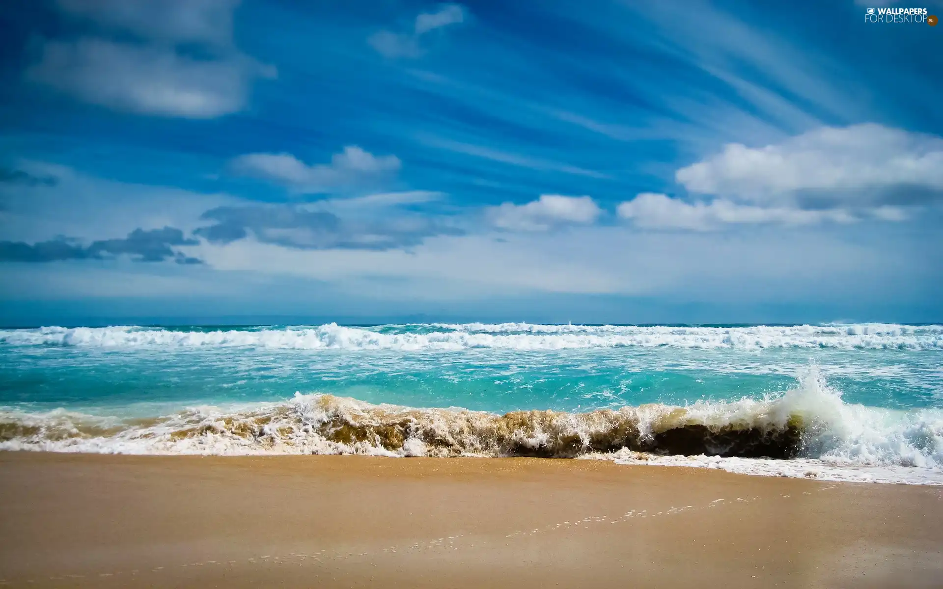 water, Sand, clouds, Waves